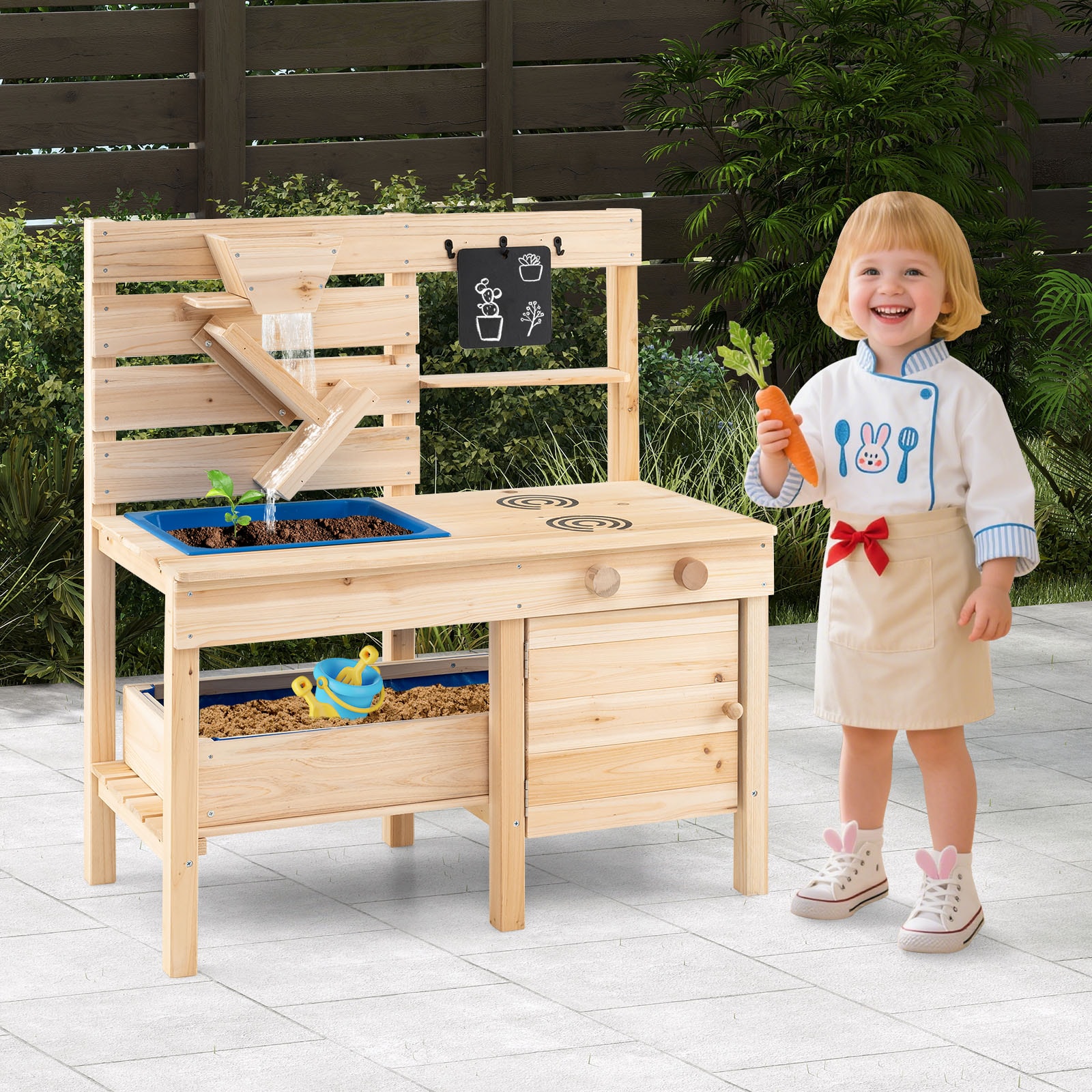 Slickblue Kids Mud Kitchen with Sand Funnel Sink Sandbox Storage