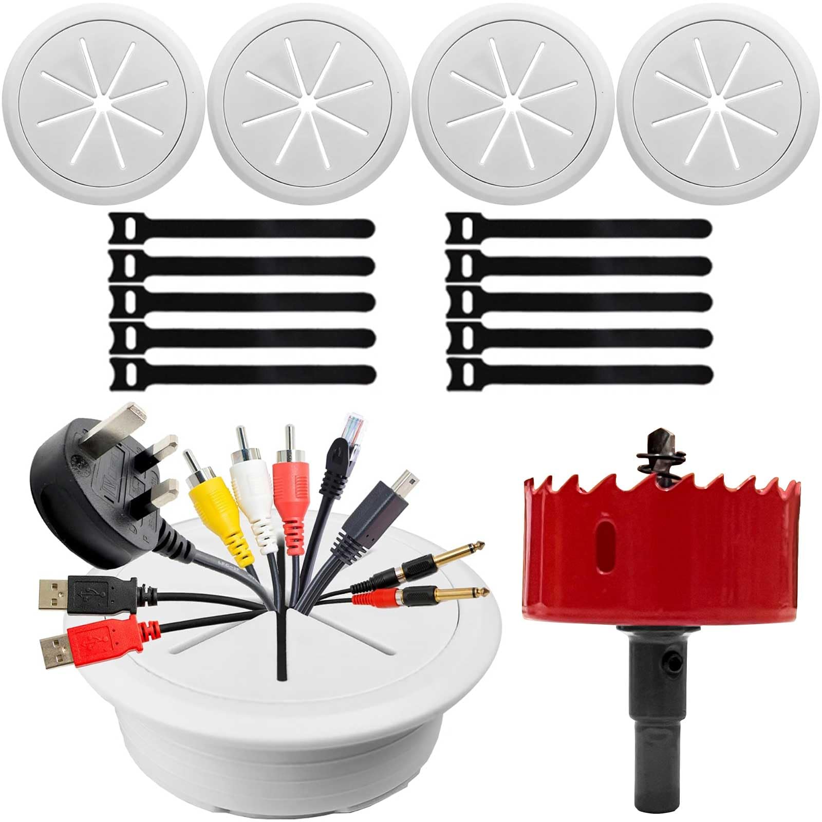 Ahfiwaso 4 Pack TV Cord Hider Kit for Wall Mounted TV In Wall Cable Management Kit with 4 White Pass Throughs Hole Saw Drill Attachment and 10 Cable Ties