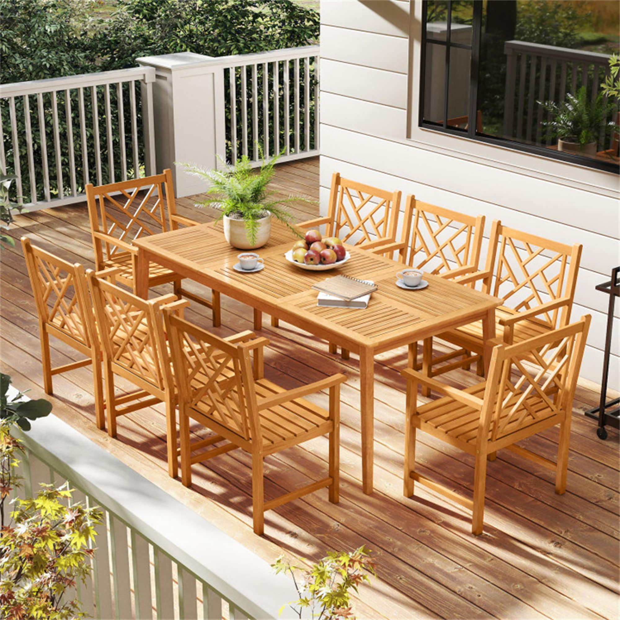 BABOOM Outdoor Furniture Set 9 -Piece Natural Patio Dining Set Wood Rectangle Table with 8 Stationary Chairs | BOM-7873AAA-OR, image size:900x900