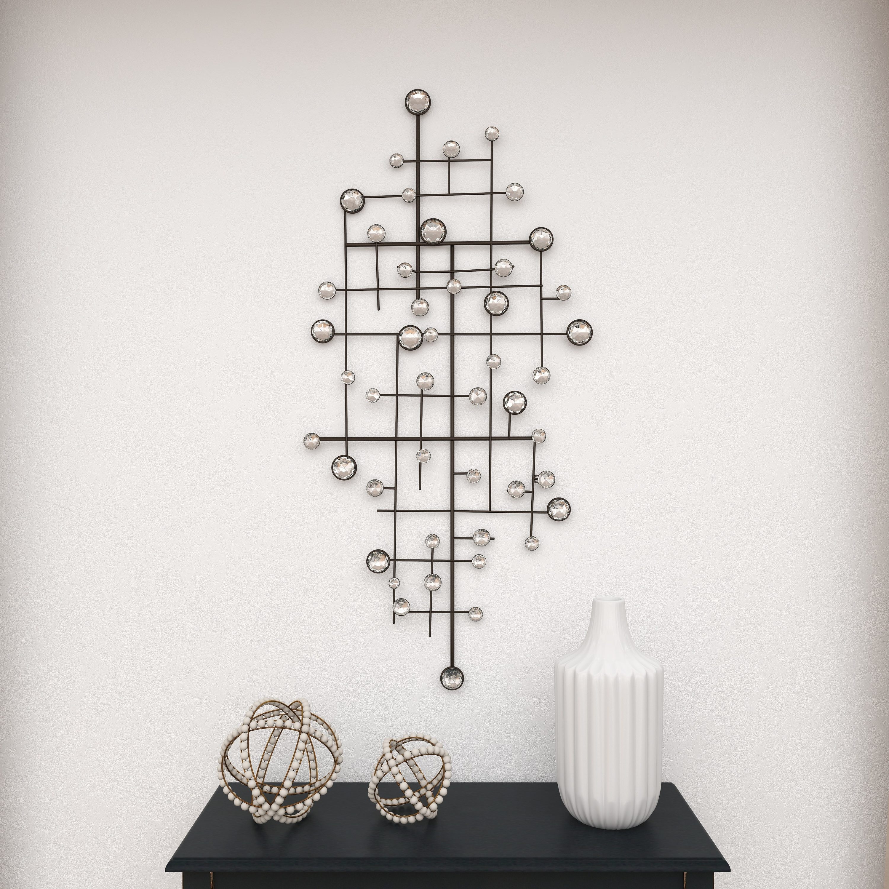 Silver Geometric Metal Wall Sculpture with Glass Beads
