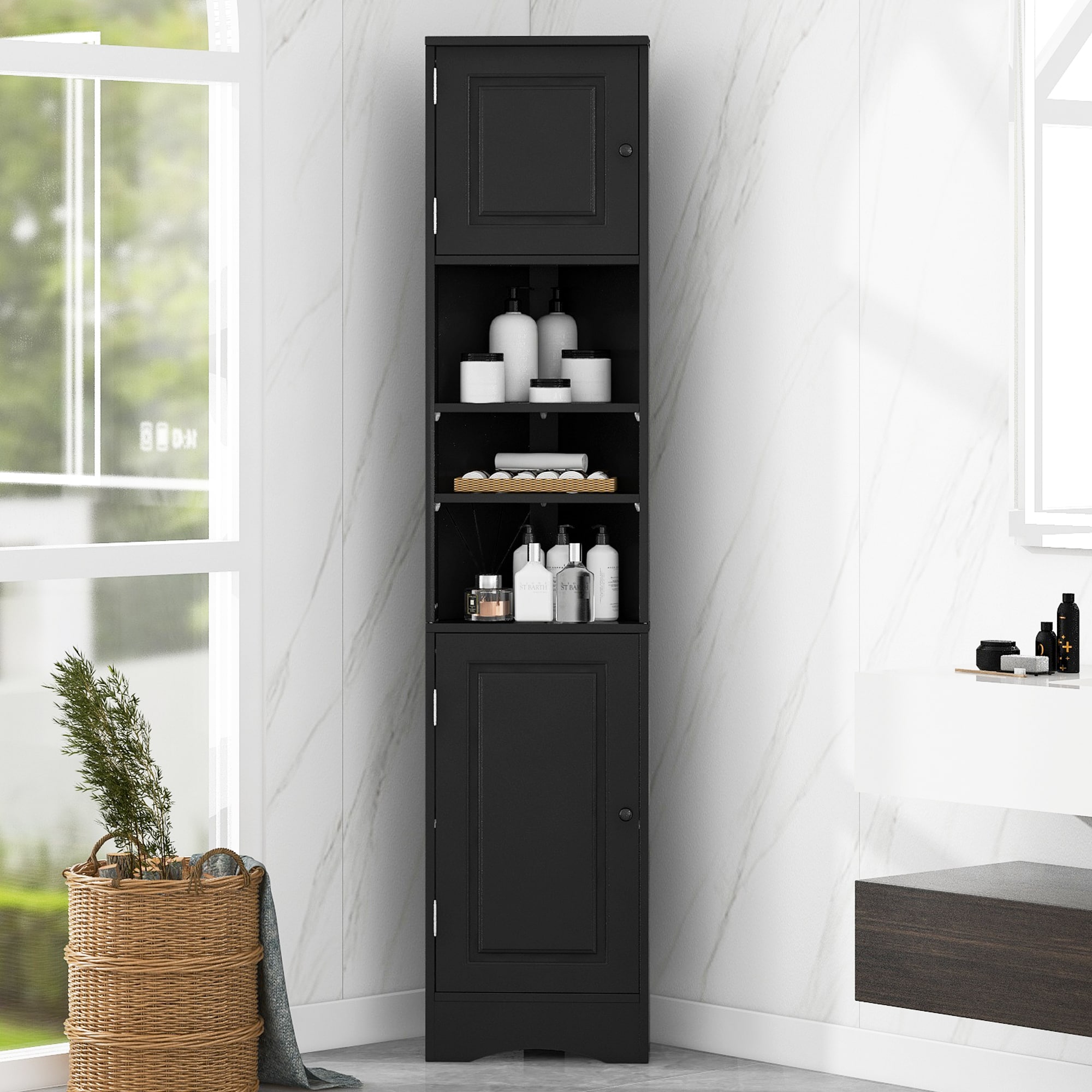 Tatayosi XH-30911AAB Multi Functional Corner Cabinet Tall Bathroom Storage with Two Doors Adjustable Shelves Open Shelf Black