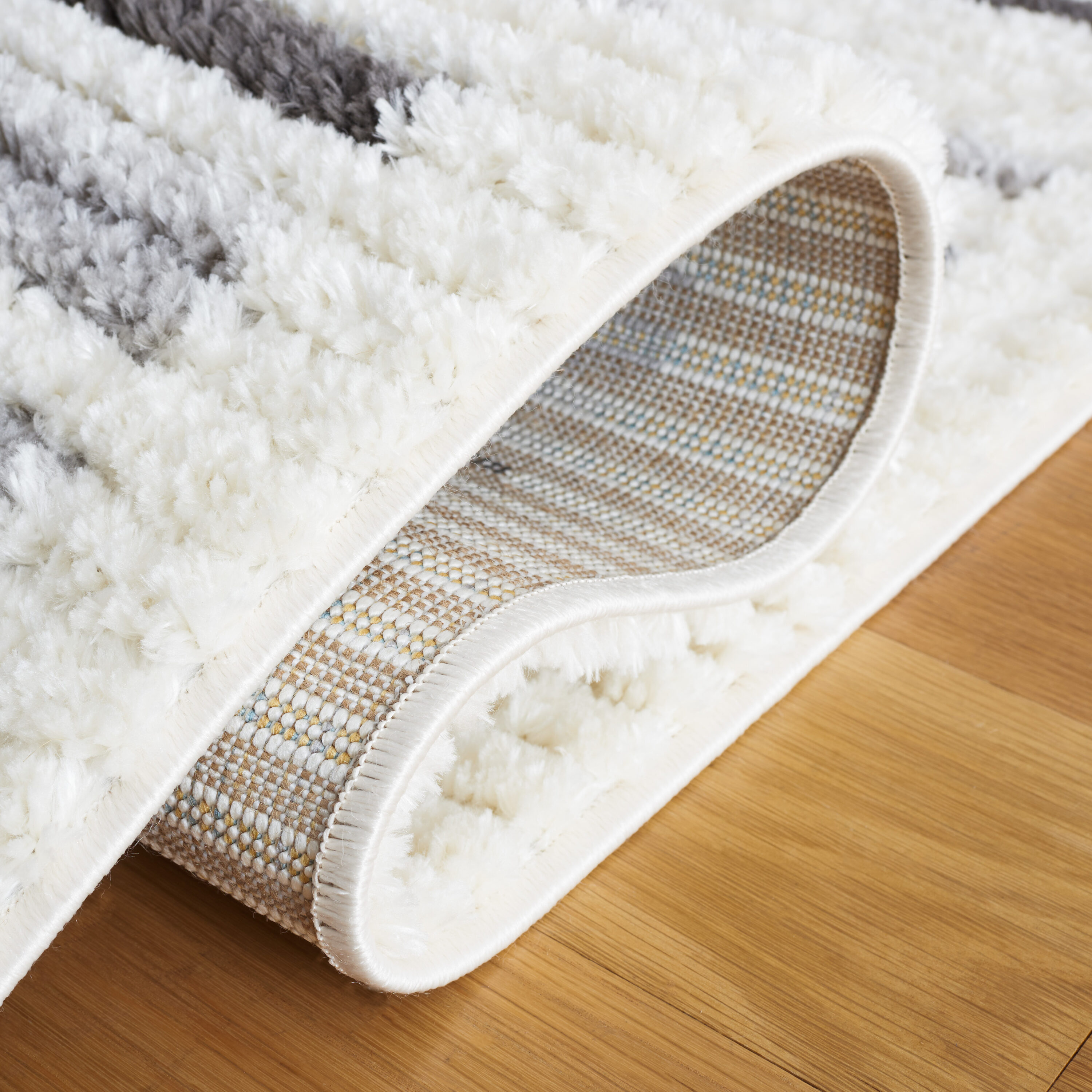 Ivory and Gray Hand-Knotted Synthetic Rectangular Rug
