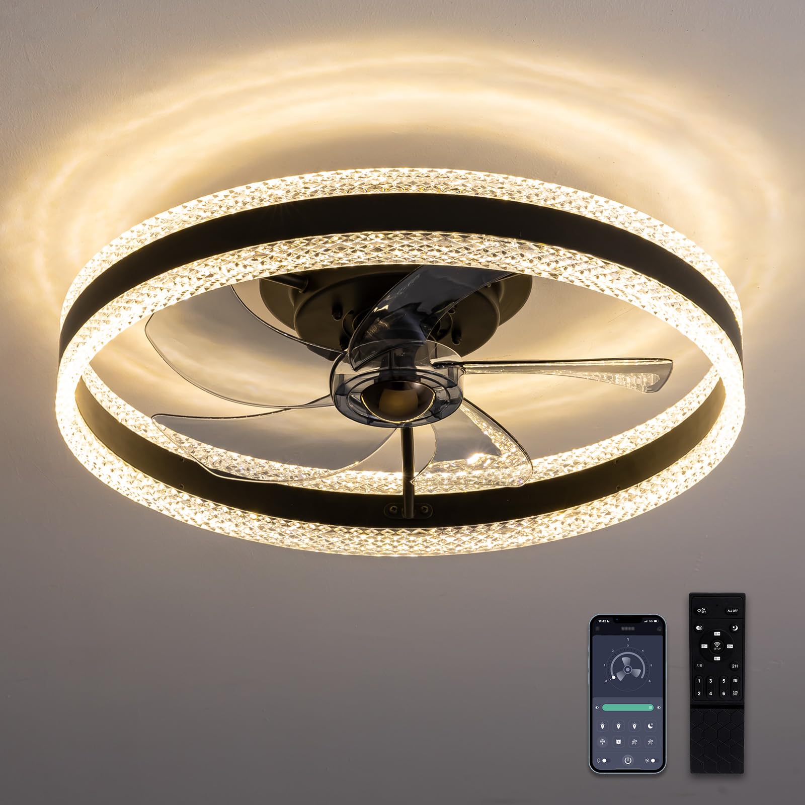 SILJOY CFL-1215-01 Flush mount Ceiling Fan with Light and Remote Control Include