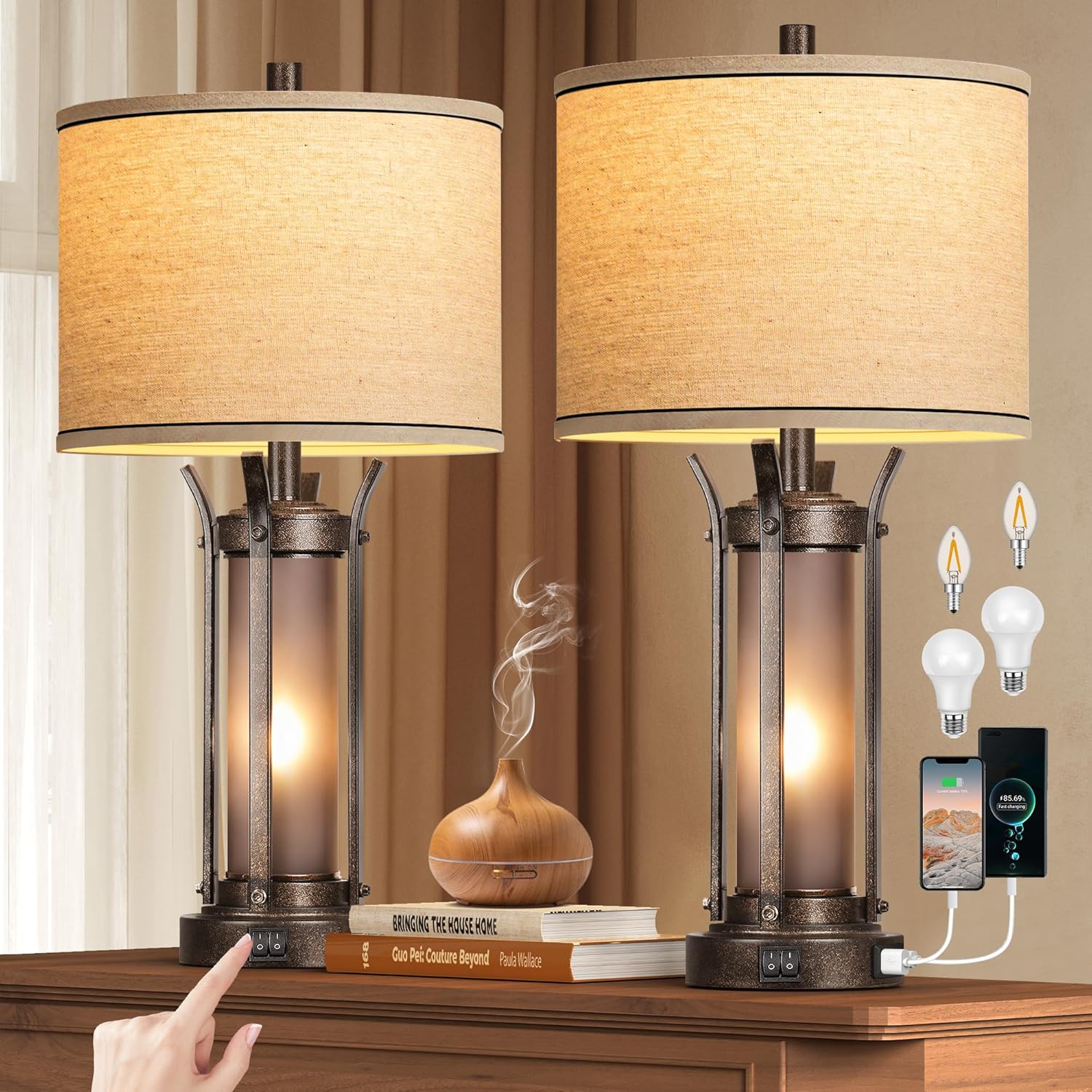 Cinoton - Farmhouse Table Lamps for Living Room Rustic Beside Lamps for Bedroom with USB A C Char...