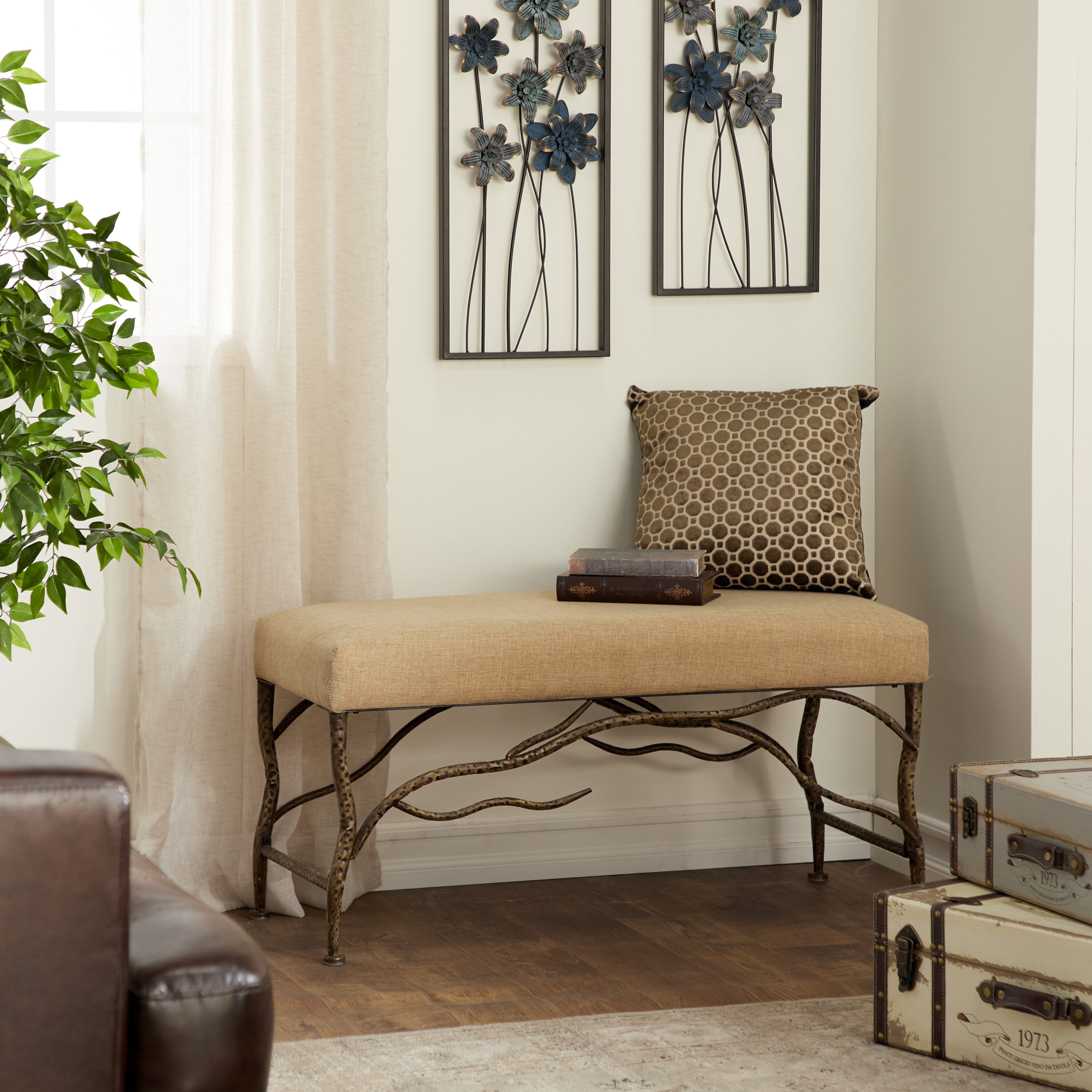 Grayson Lane 54329 Farmhouse Brown with Tree Branch Details Accent Bench 40-in x 16-in x 20-in