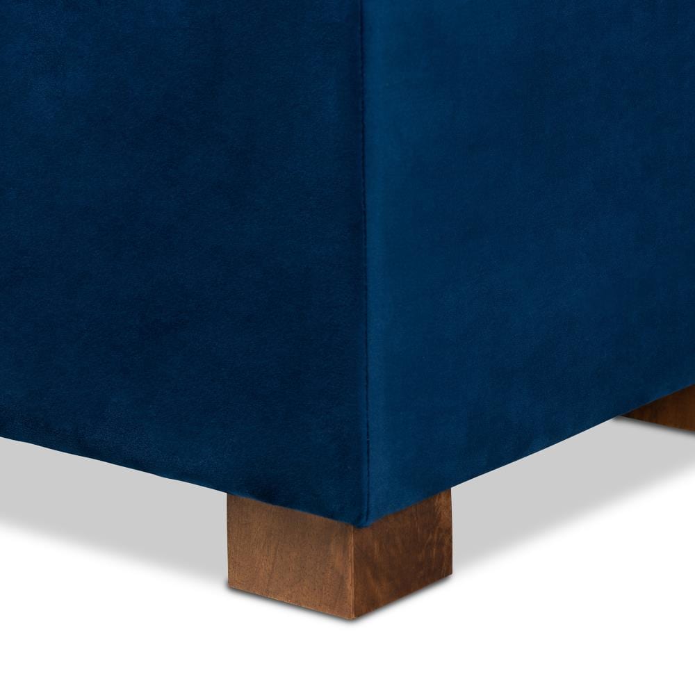 Navy Blue Velvet Tufted Storage Bench with Walnut Legs
