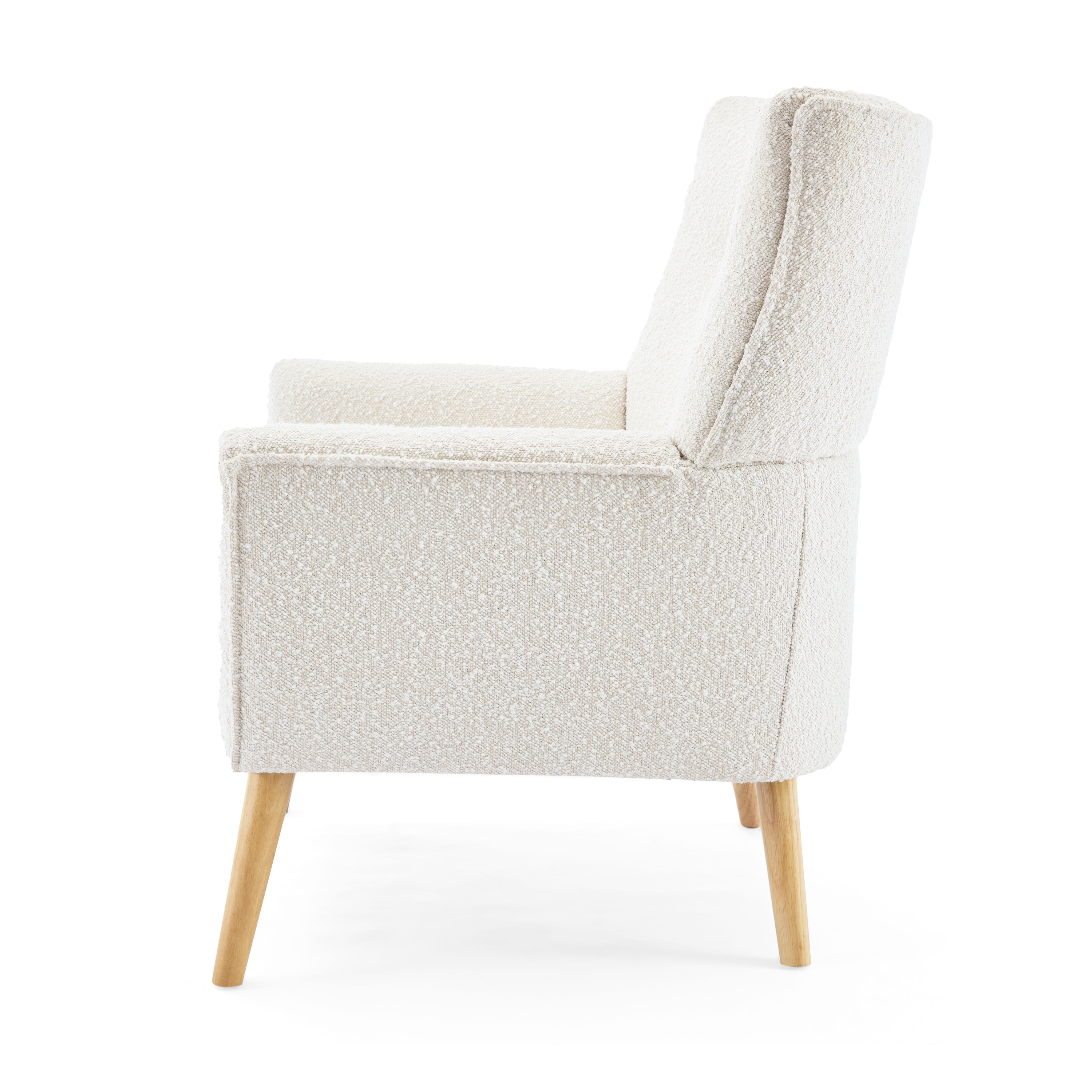 Contemporary White Boucle Upholstered Club Chair with Natural Wood Legs