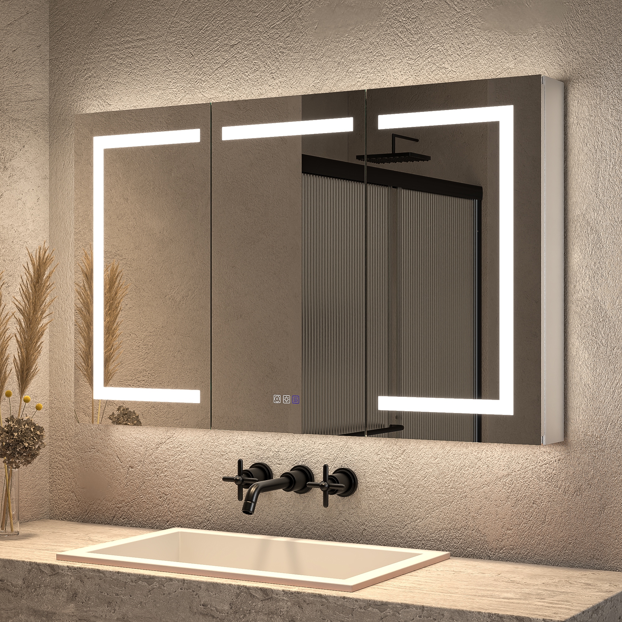 ExBrite DIBC3030RDL Opale 48-in x 30-in Lighted LED Fog Free Surface/Recessed Mount Silvery Gray Mirrored Rectangle Soft Close Medicine Cabinet with Outlet
