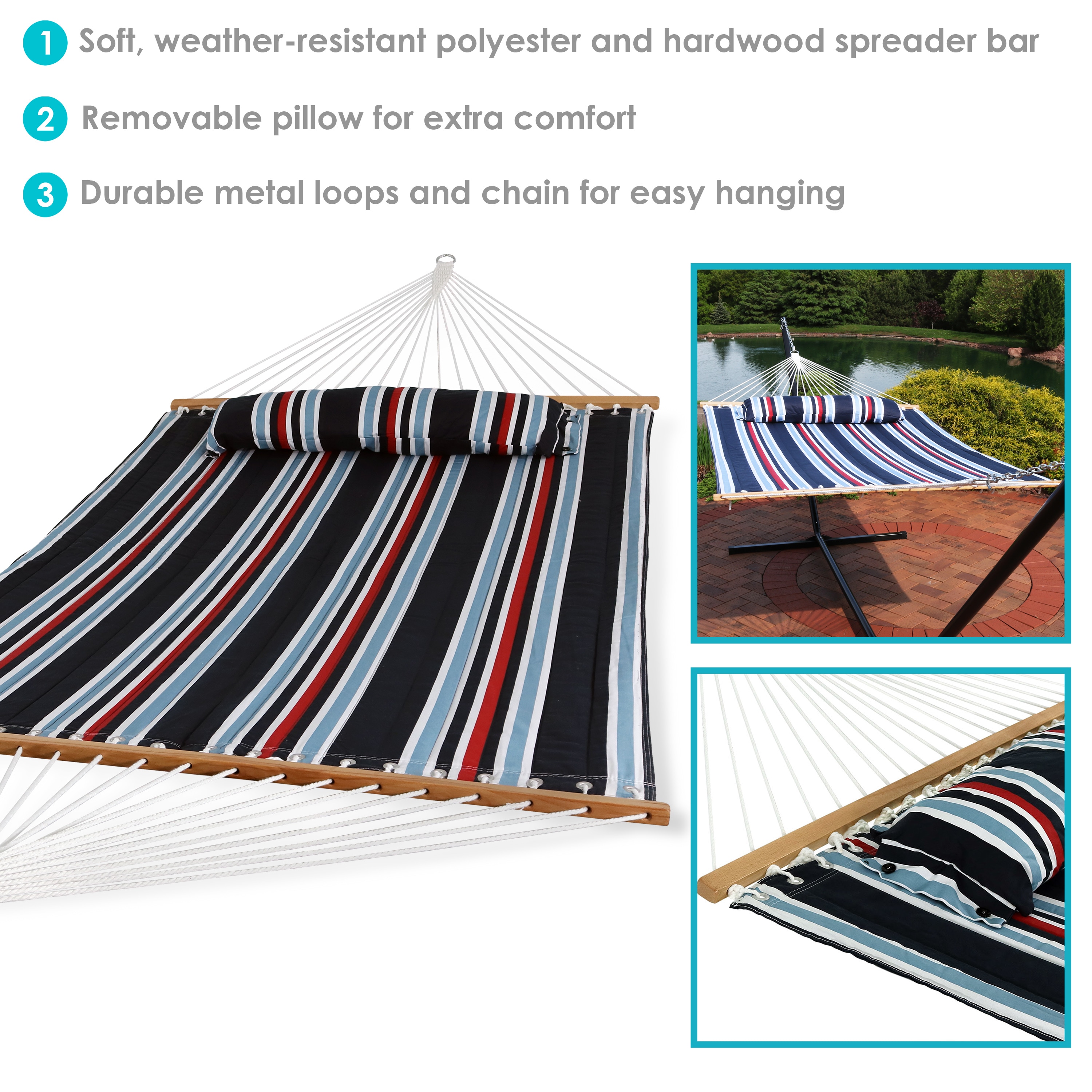 Nautical Stripe Blue and Red Quilted Polyester Hammock with Spreader Bars