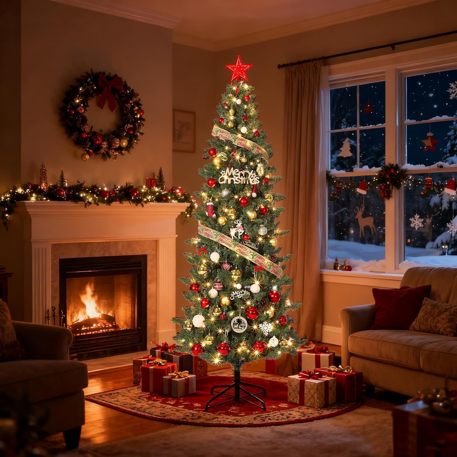 Garvee 7.5FT Pre-Lit Christmas Tree with 600 LED Lights PE and PVC Hinged Xmas Tree with Metal Stand Easy Assembly Ideal Holiday Decoration for Home Office Porch