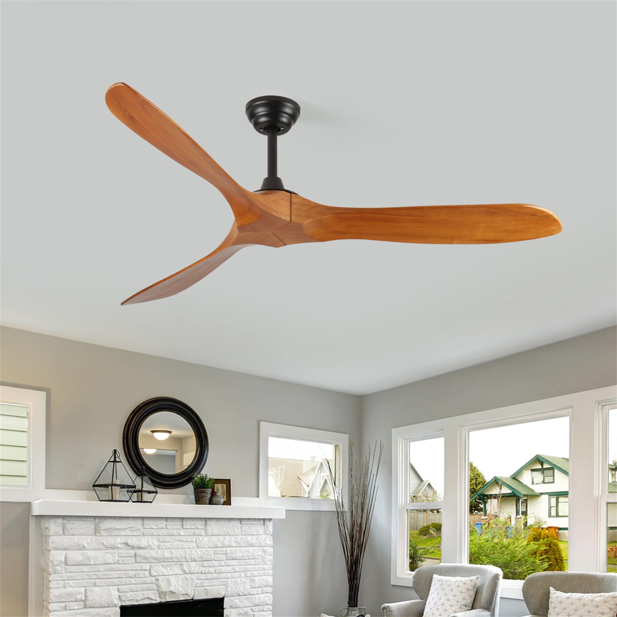 BABOOM BOM-P204478-OR 60 Inch Modern Ceiling Fan with Light Remote Control 60-in Color-Changing Integrated LED Outdoor Solid natural wood with Wood Blades Ceiling Fan With Light 3 -Blade )