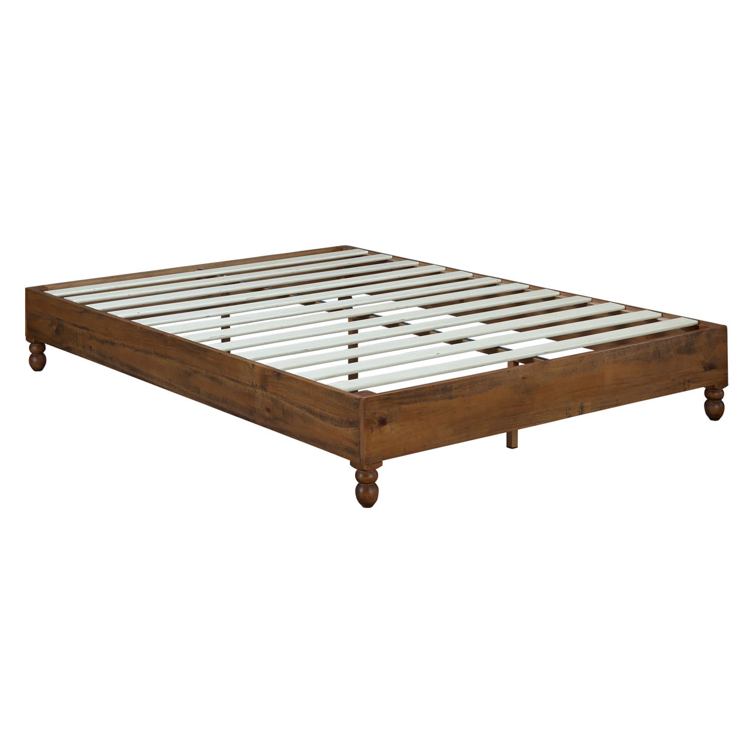 MUSEHOMEINC 253669 12 Inch Easy Assembly Solid Pine Wood Queen Bed Frame with Wooden Slat Support Steel Tubing and Non Slip Tape Teak