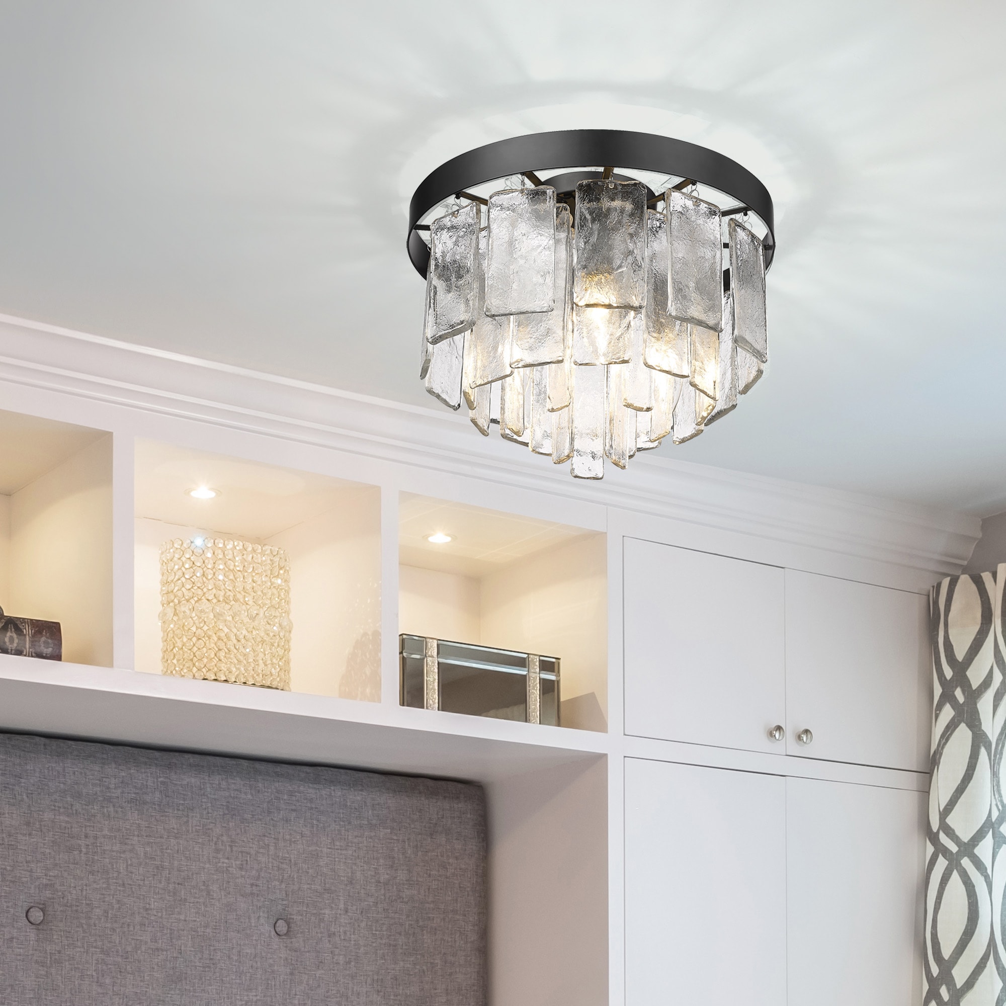 Matte Black and Glass 3-Light Drum Flush Mount
