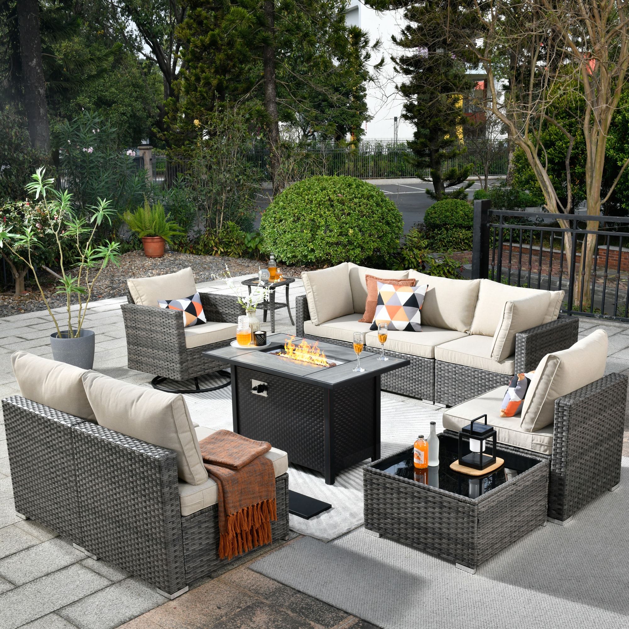 Pouuin SCFPGRSHOP600-10 Wicker Outdoor Sectional with Beige Cushions and Wicker Frame