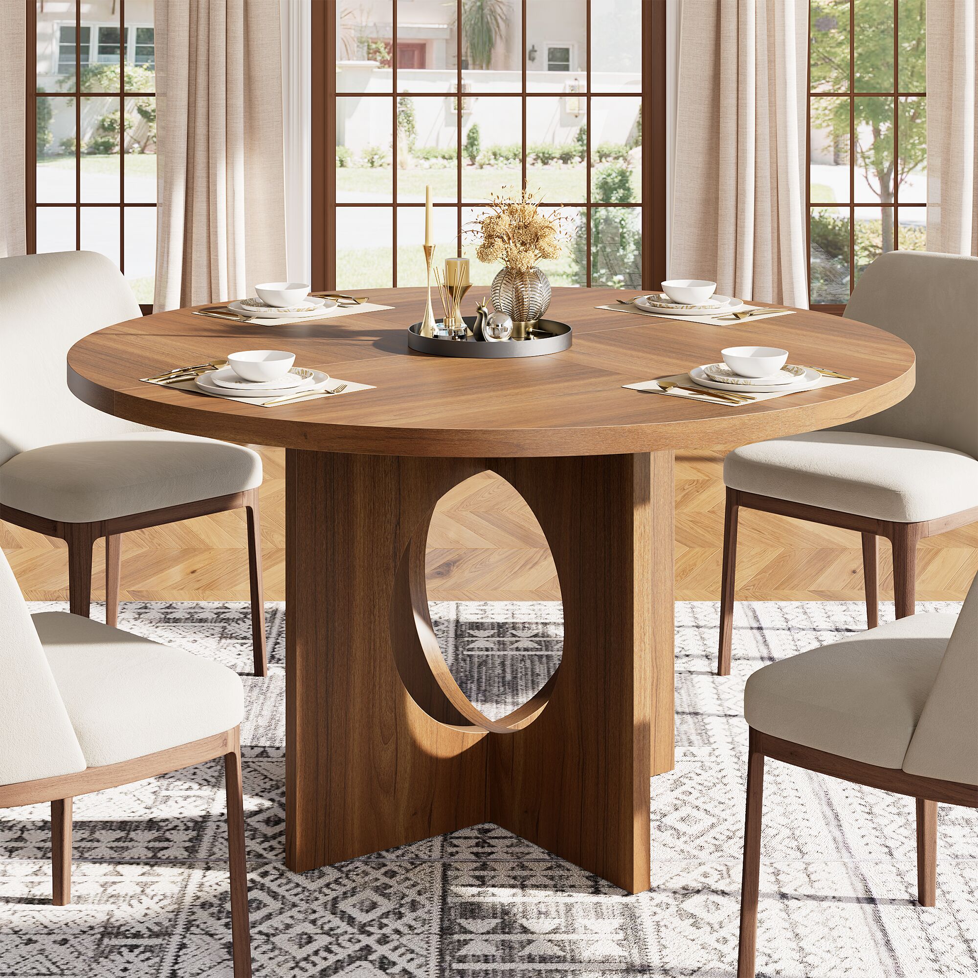 Garvee Brown 47-in Round Contemporary Wood Dining Table with Wood Finish and Sturdy Pedestal Base for 4 to 6 People