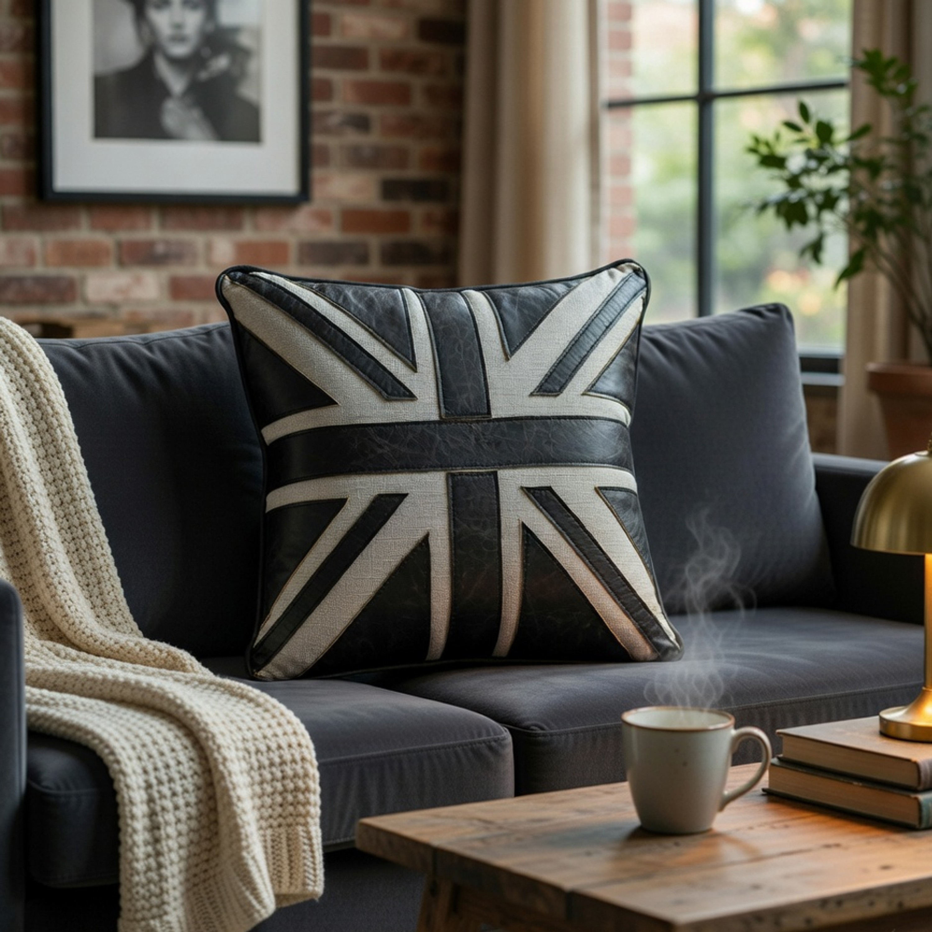 Benzara Bran Accent Pillow Set of 2 Union Jack Black Top Grain Leather 20 Inch