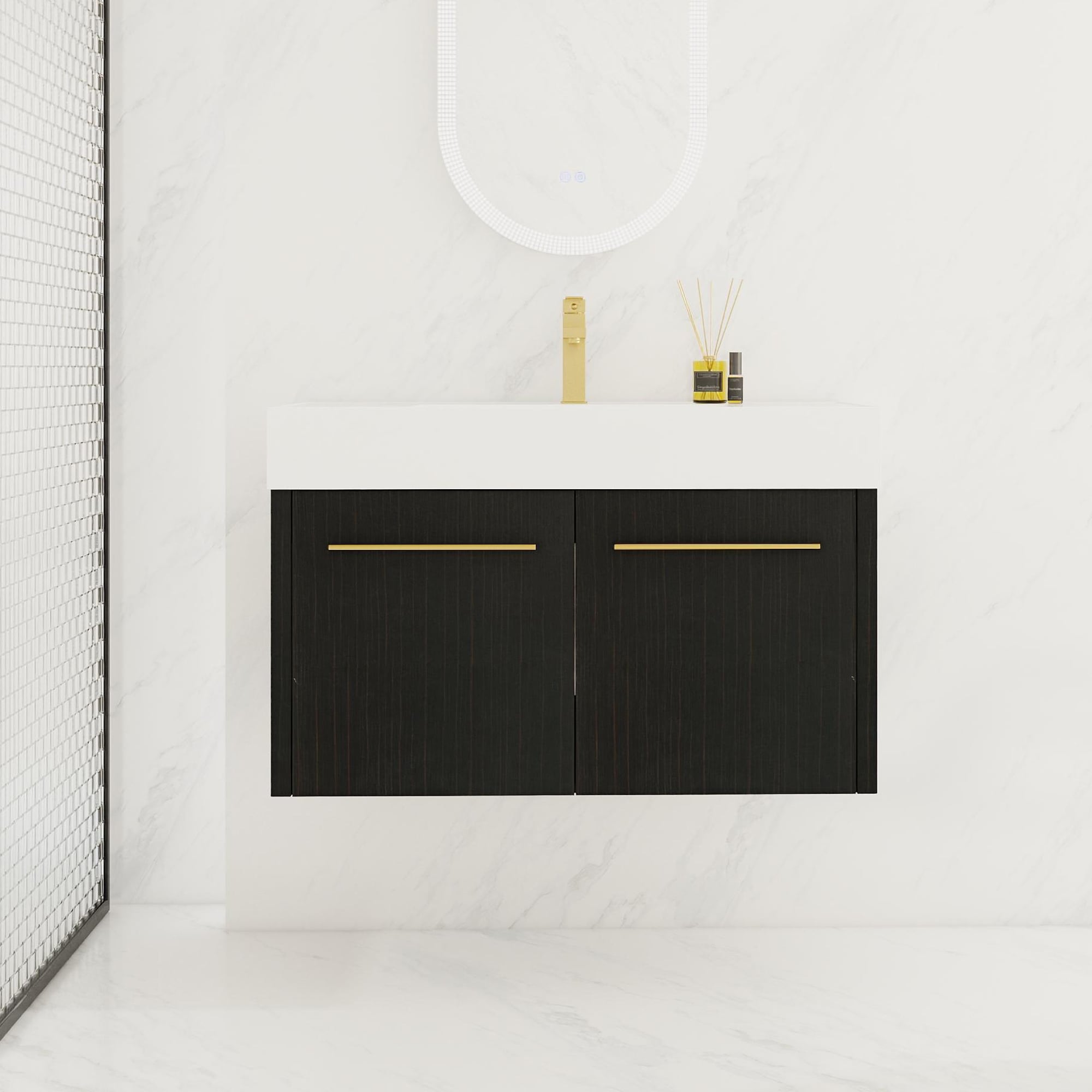Forclover QNM-0736-IMO 36-in Black Chestnut Single Sink Floating Bathroom Vanity with White Cultured Marble Top