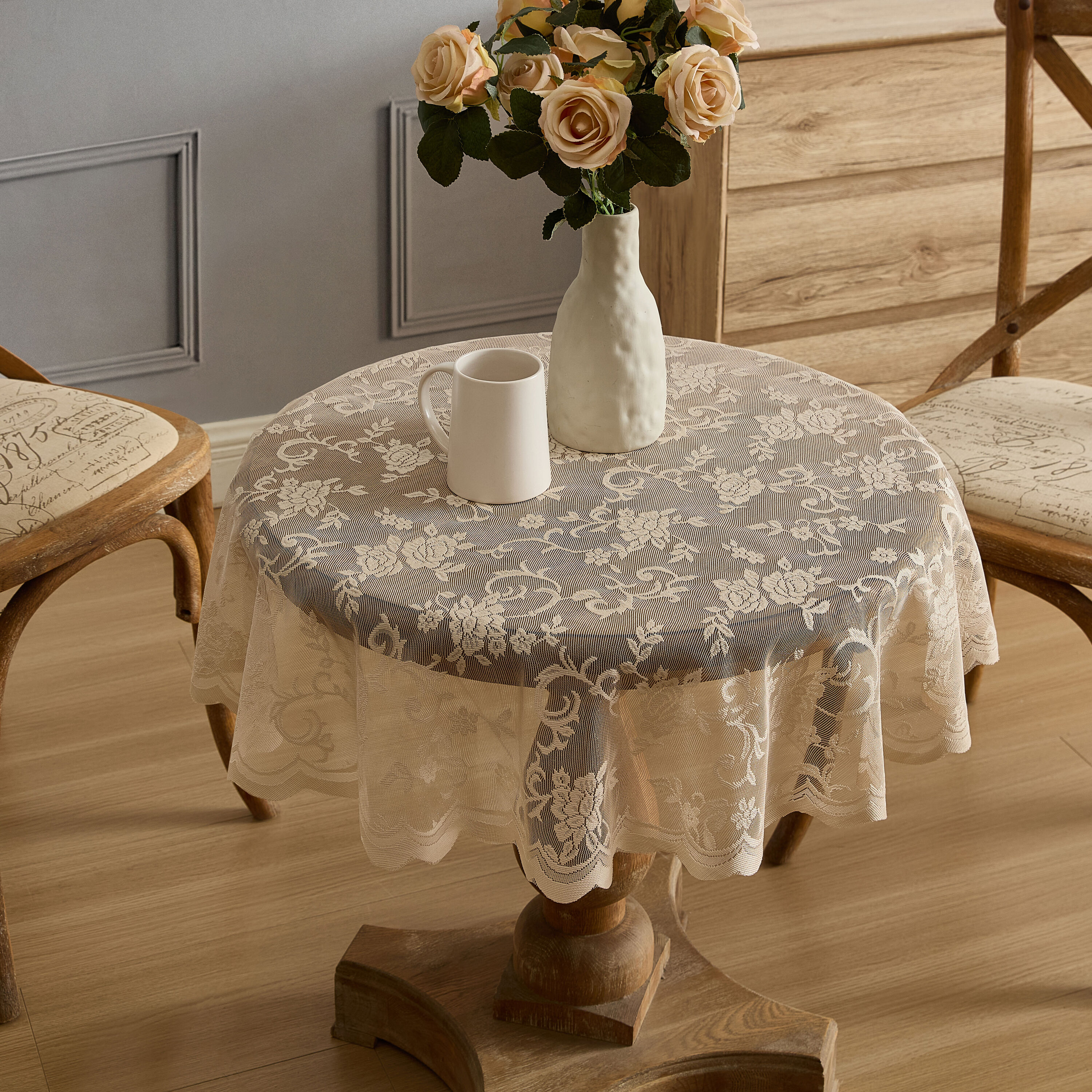 HLC.me HRPR-TBL-90RDLNN Harper Floral Lace Fabric Tablecloth for Round Tables - Wrinkle Resistant Lace Fabric - Table Cloth