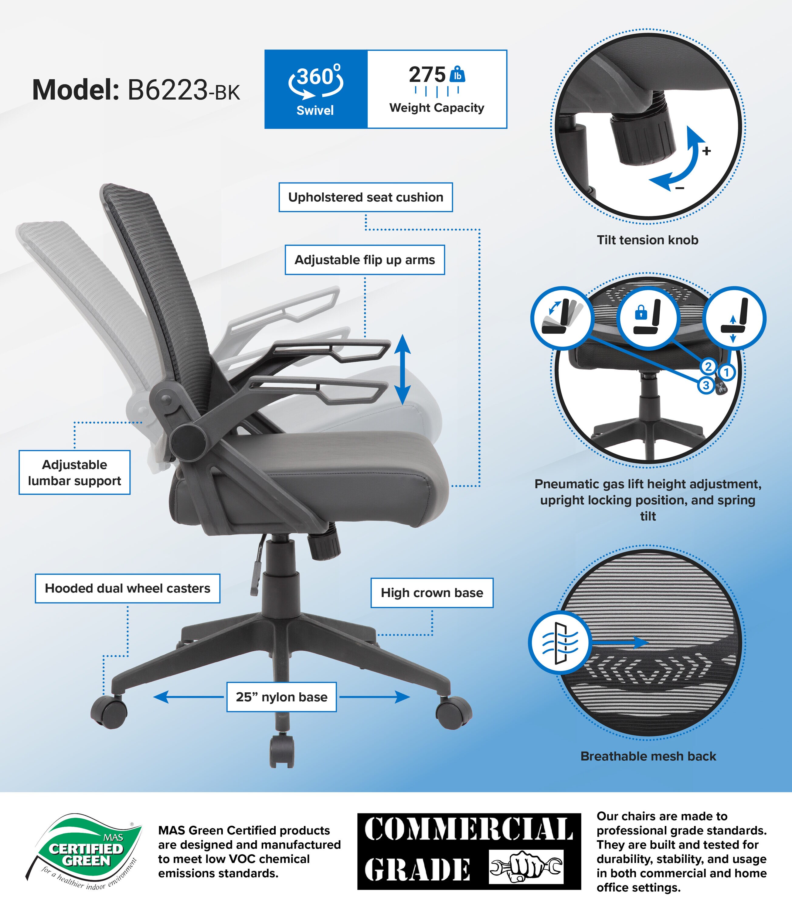 Adjustable Black Mesh Task Chair with Flip Arms