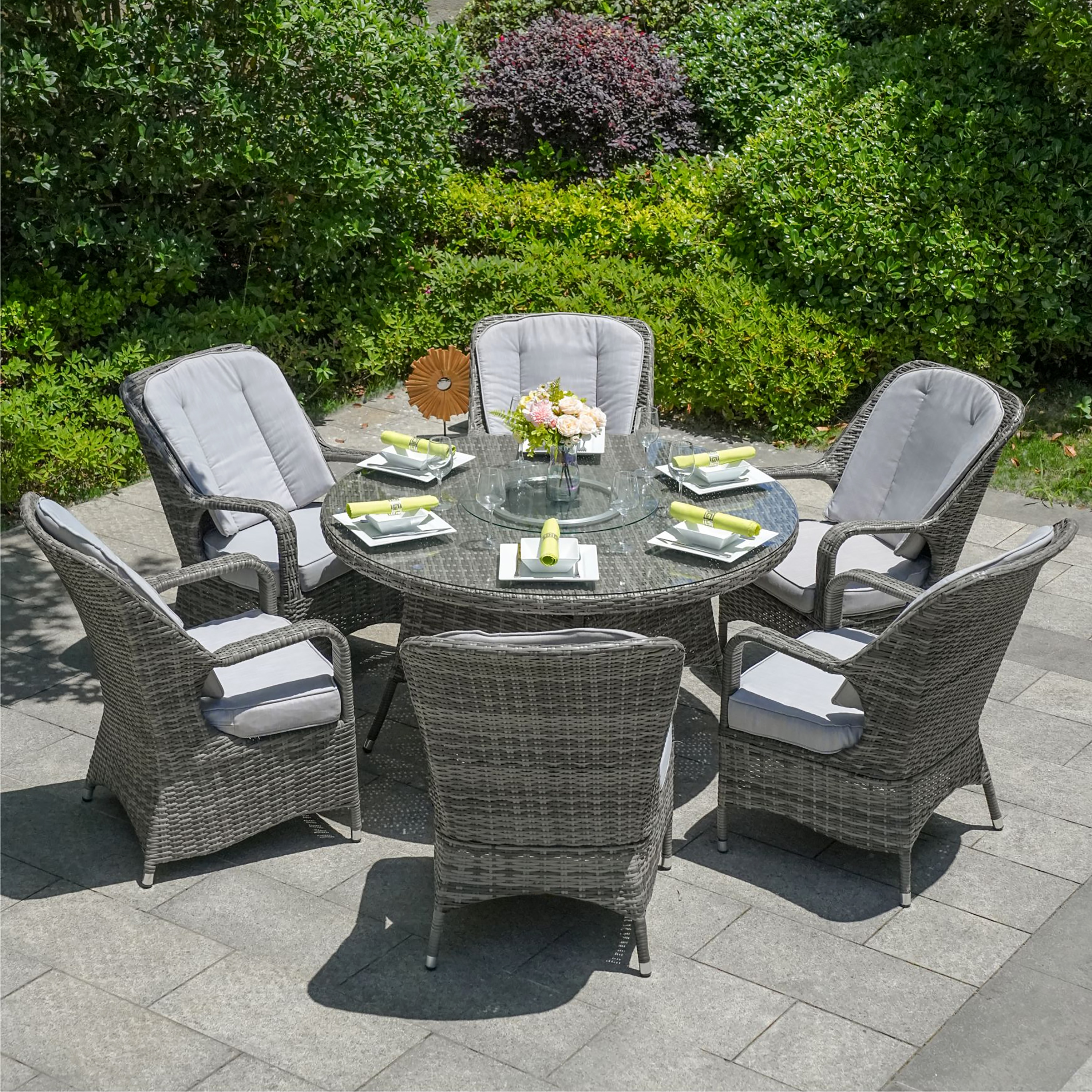Moda Furnishings MD-PAD-1711-G MD-PAD-1711-G 7 -Piece Gray Wicker Patio Dining Set Wicker Round Table with 6 Gray Cushions Stackable Stationary Chairs
