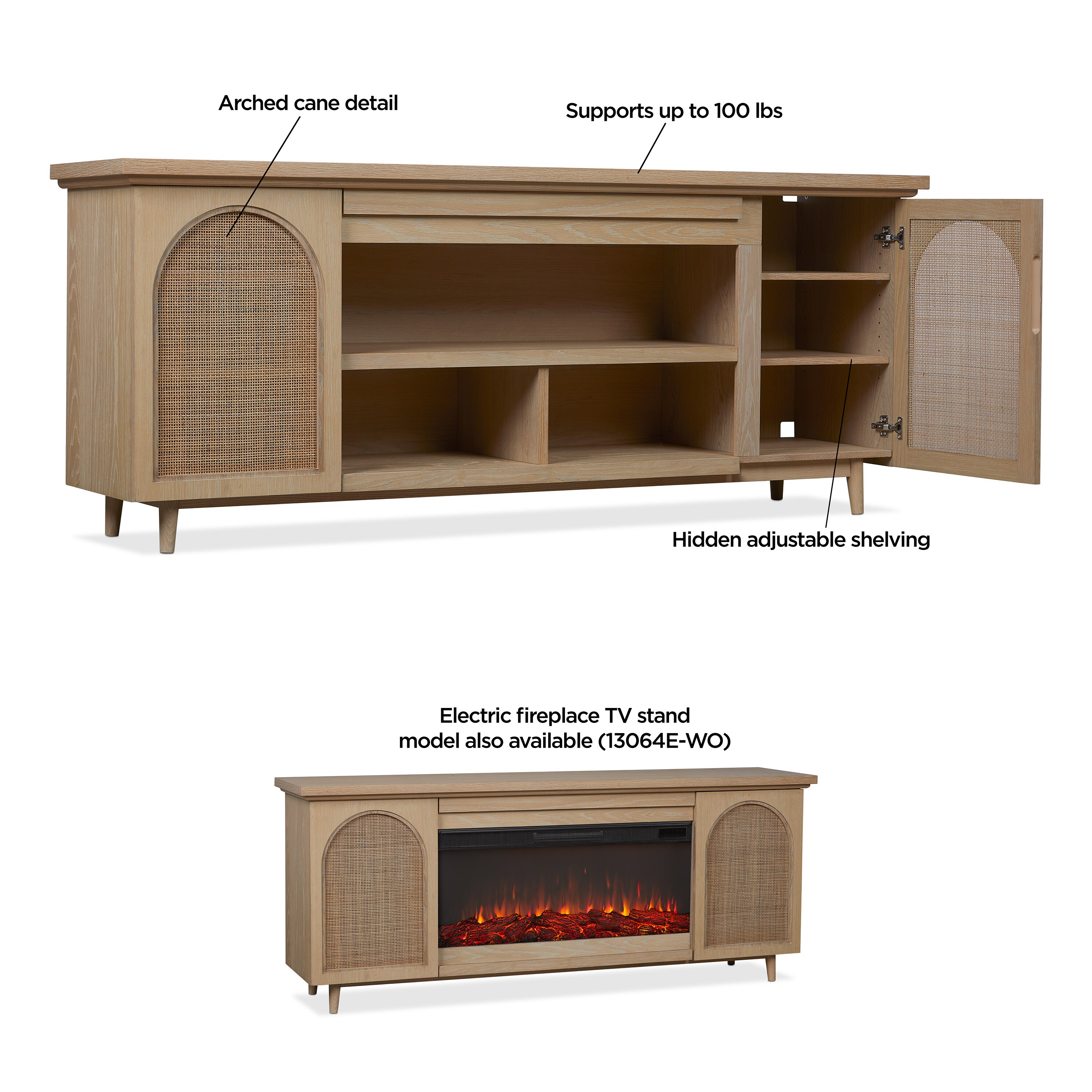 Dahlia 76" White Oak TV Stand with Fireplace and Cabinet
