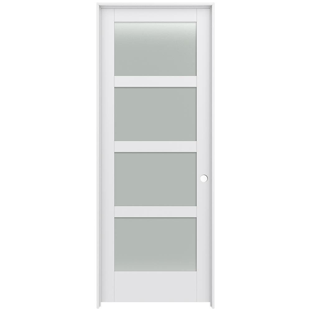 JELD-WEN LOWOLJW221100859 36-in x 96-in Primed Solid core 4 panel square Frosted glass Left hand Smooth Primed MDF Flat Jamb Single Prehung Interior Door