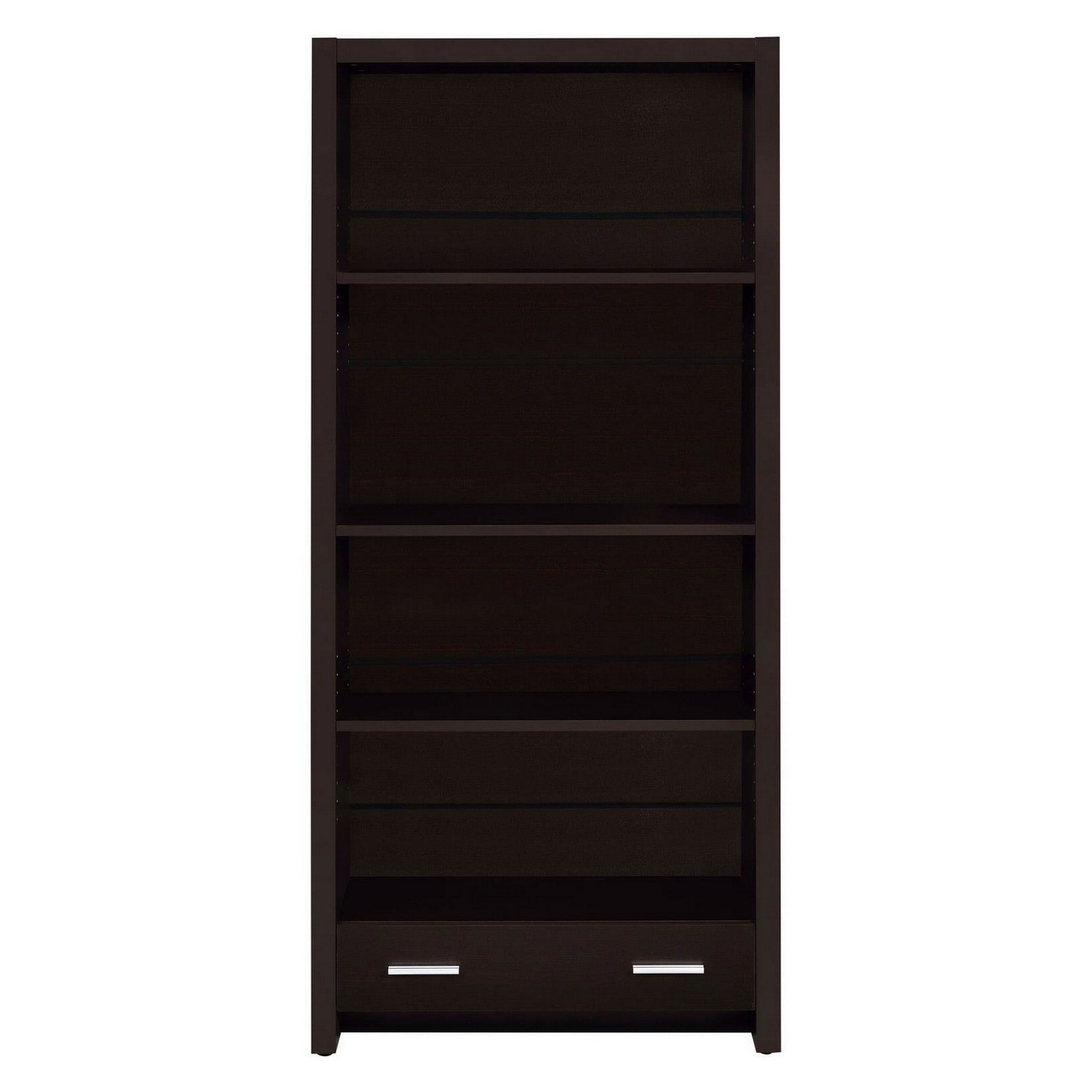 Transitional Solid Wood Bookcase with Shelves and Drawer in Dark Brown