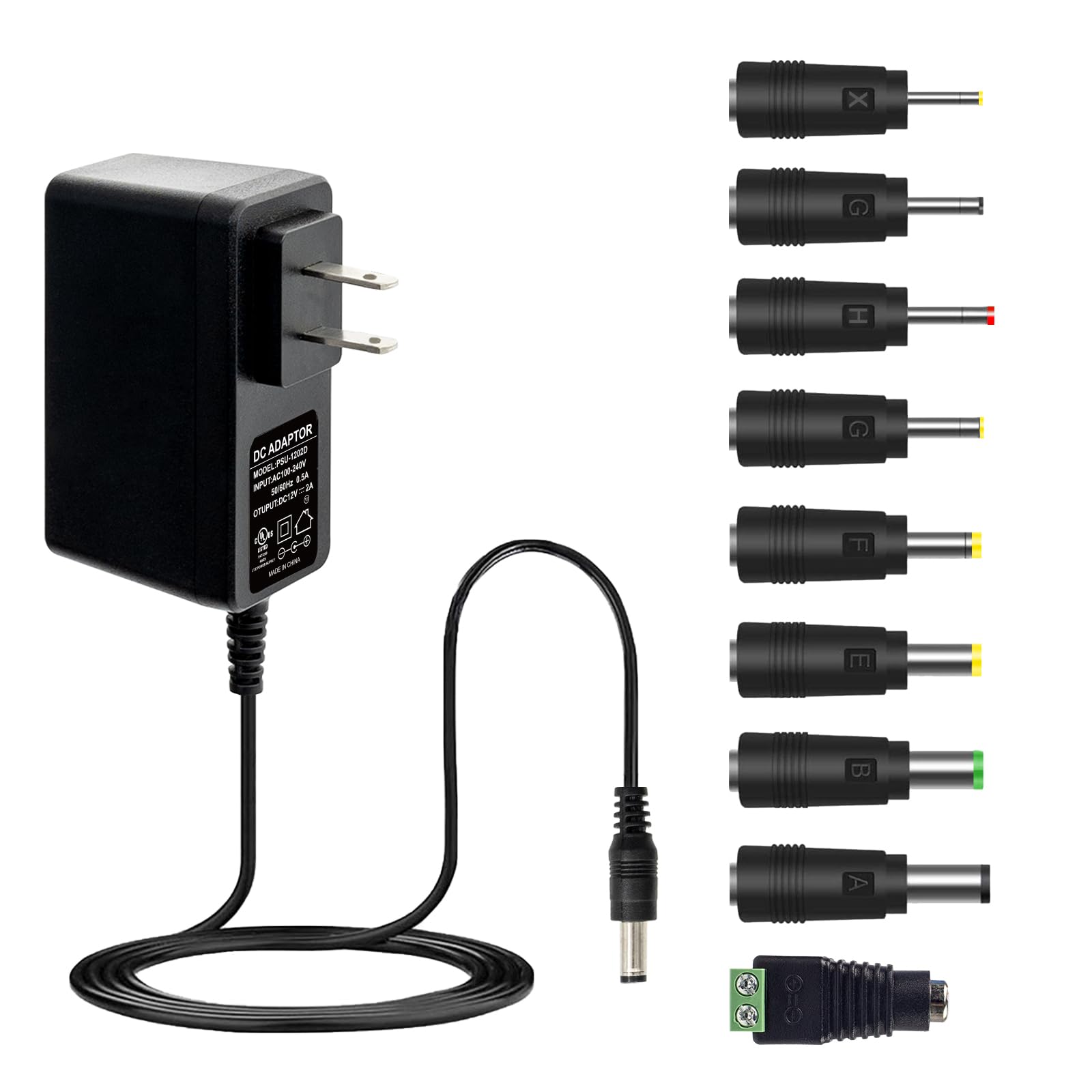 Yichuhaoxi UL Listed 12V Real 2A AC DC Adapter 12 Volt 2000mA Power Supply with 9 Tips for LED Strip Lights CCTV Cameras GPS Routers and More #LYI0730Y067