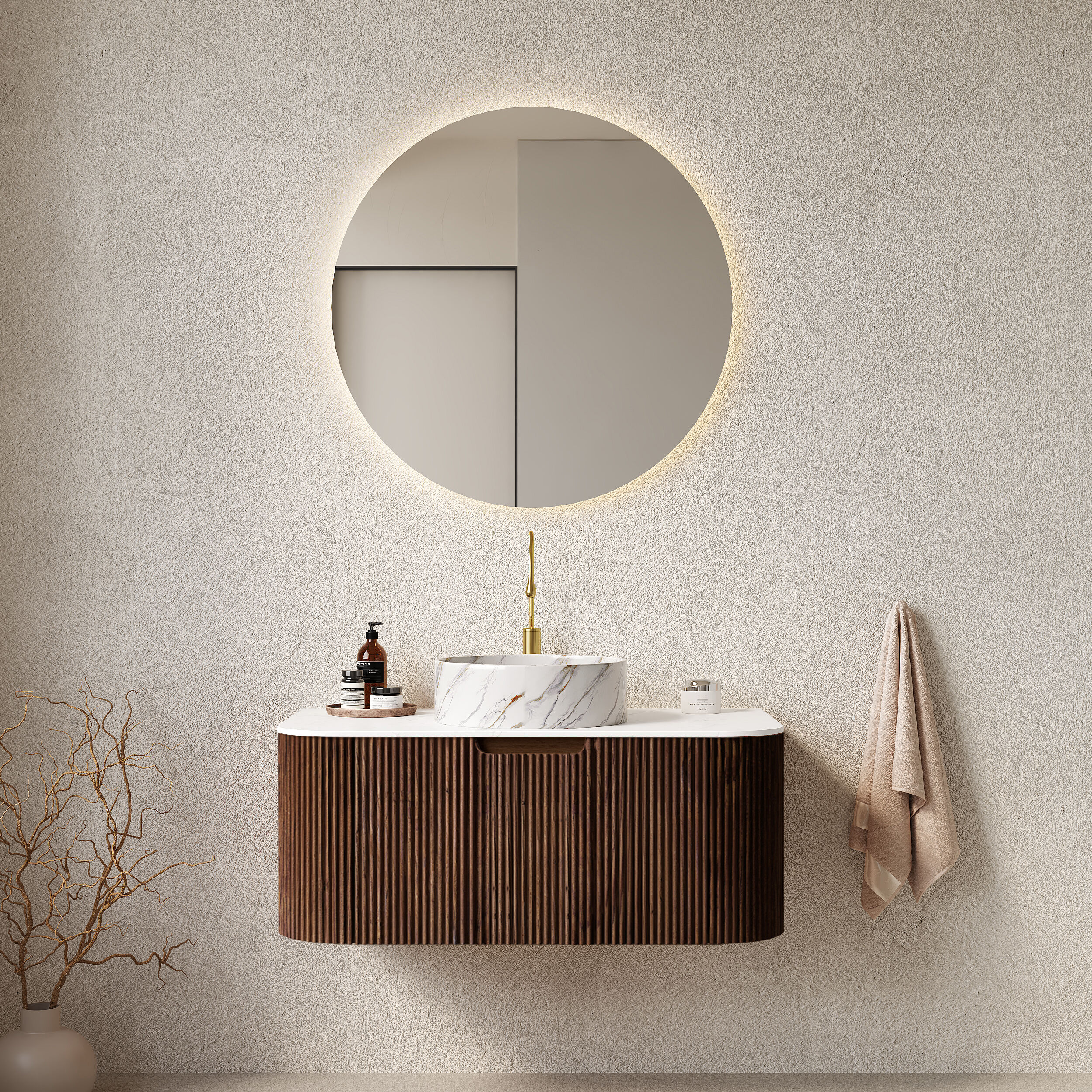 LUXEYARD - DINA 36 Bathroom Vanity With Sink Wall Mounted Floating Curved Edges Striped Bathroom ...