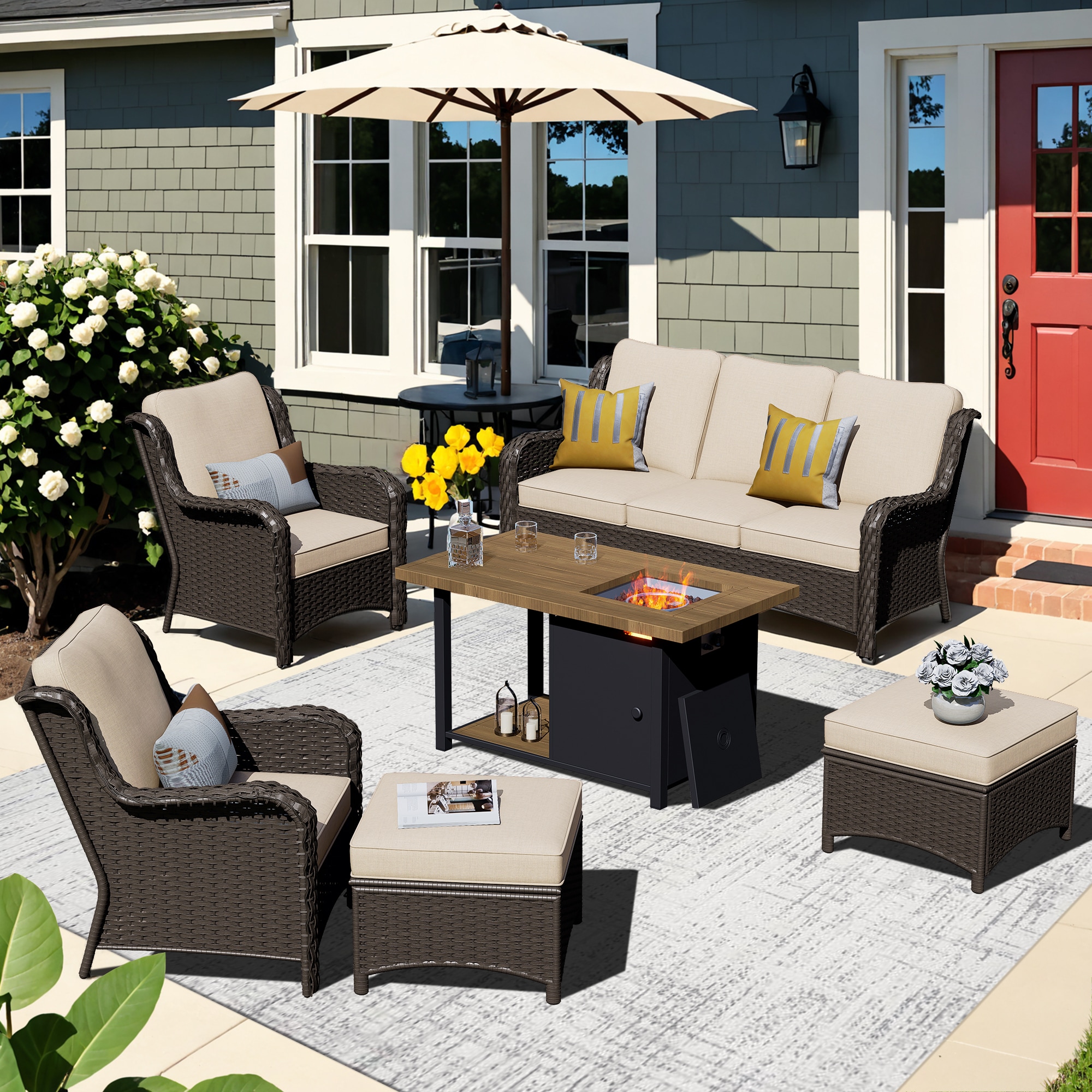 XIZZI XIXCT6163-DFP Vesta 6 -Piece Wicker Patio Sofa Conversation Set with Off-white Cushions
