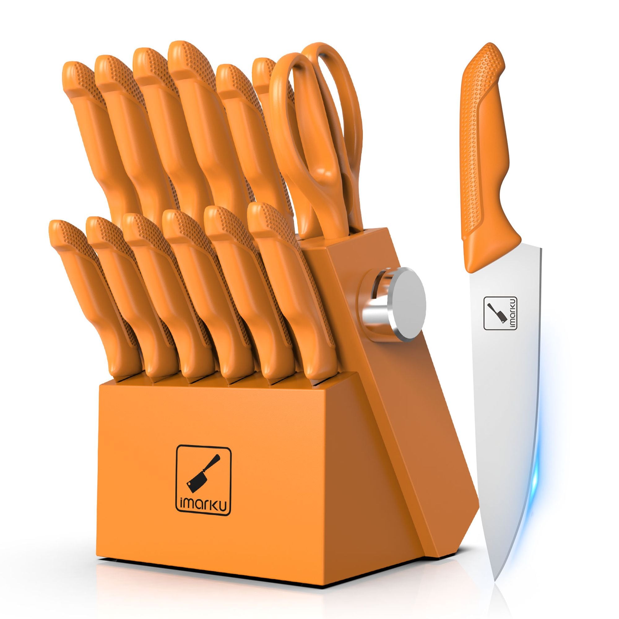 imarku  Knife Set Knife Set with Sharpener Stainless Steel Kitchen Knife Set with Non-Slip Ergonomic Handle 14 PCS Orange Best Gifts
