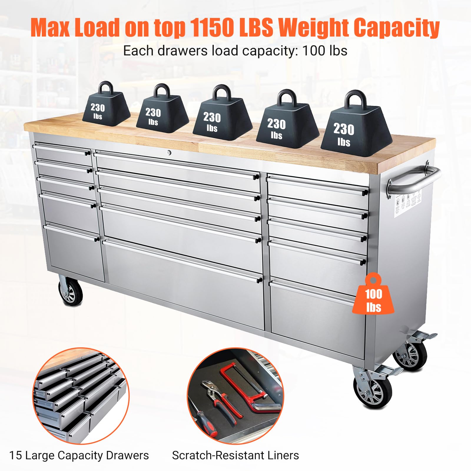 IdealHouse Heavy Duty 72 Inch Stainless Steel Rolling Tool Chest 15 Drawers Sturdy Rubber Wood Workbench Top Mobile Storage Cabinet with Locking Wheels Power Outlets For Garage Workshop Repair Shop Silver Sansujyuku sansujyuku.com