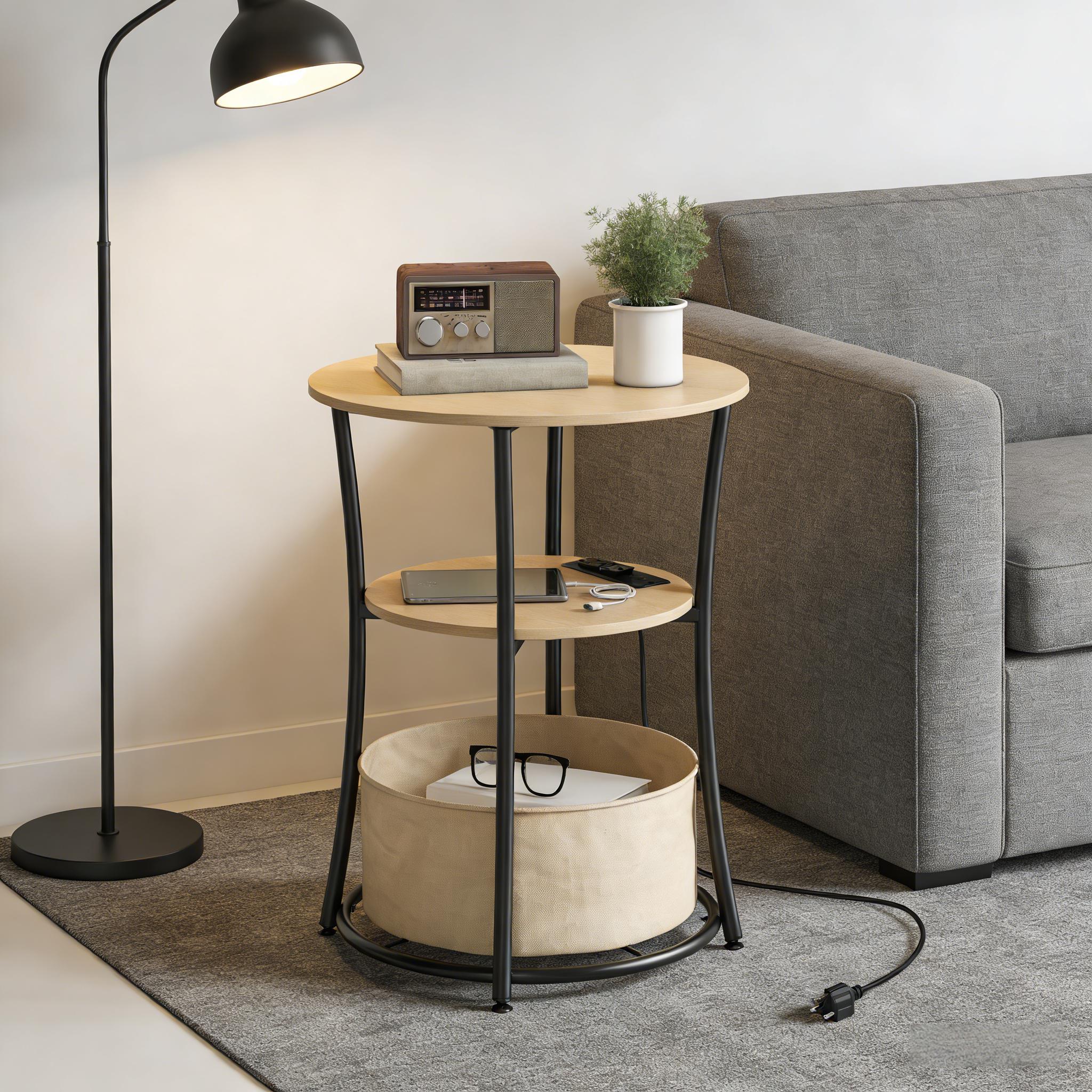Tinyhomie 19 Point 7 Inch Round 3 Tier Side Table with Charging Station ...