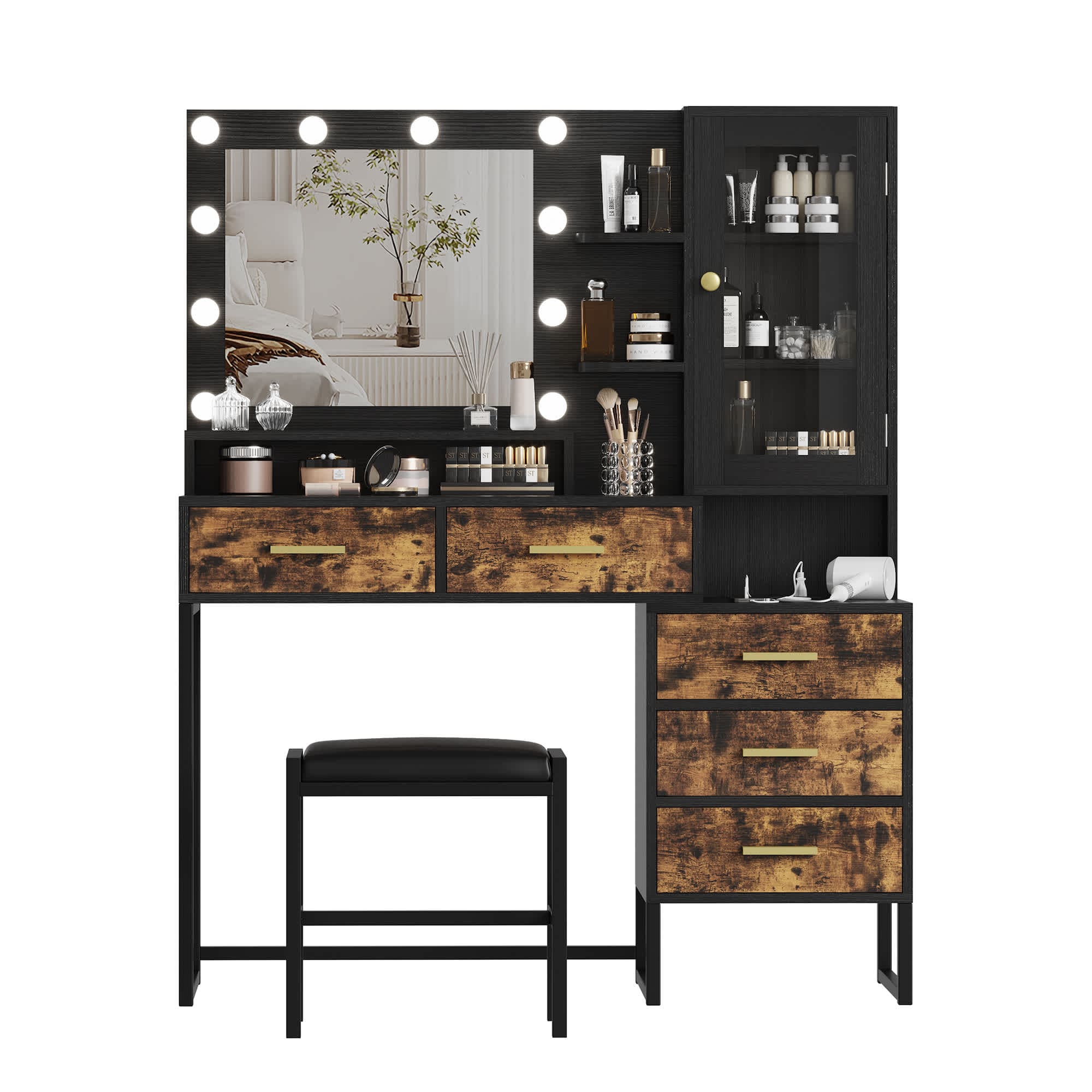 Qeetex SUN-PHO-15IHAWQ8 Large Makeup Vanity Desk with Mirror LED Lights Charging Station Stool Drawers and Storage Shelves