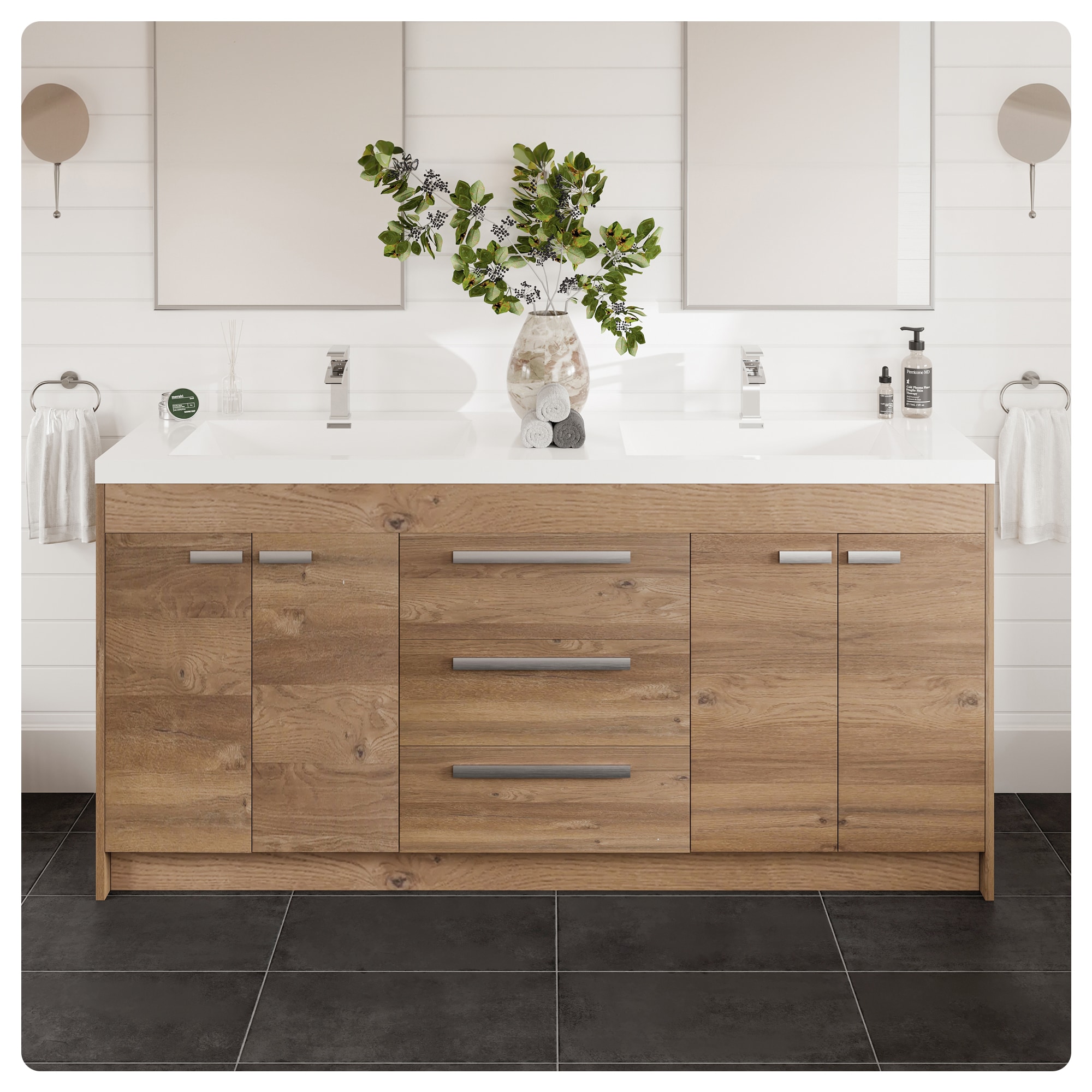 Eviva EVVN1700-8-72NOK Lugano 72-in Natural Oak Double Sink Bathroom Vanity with White Acrylic Top