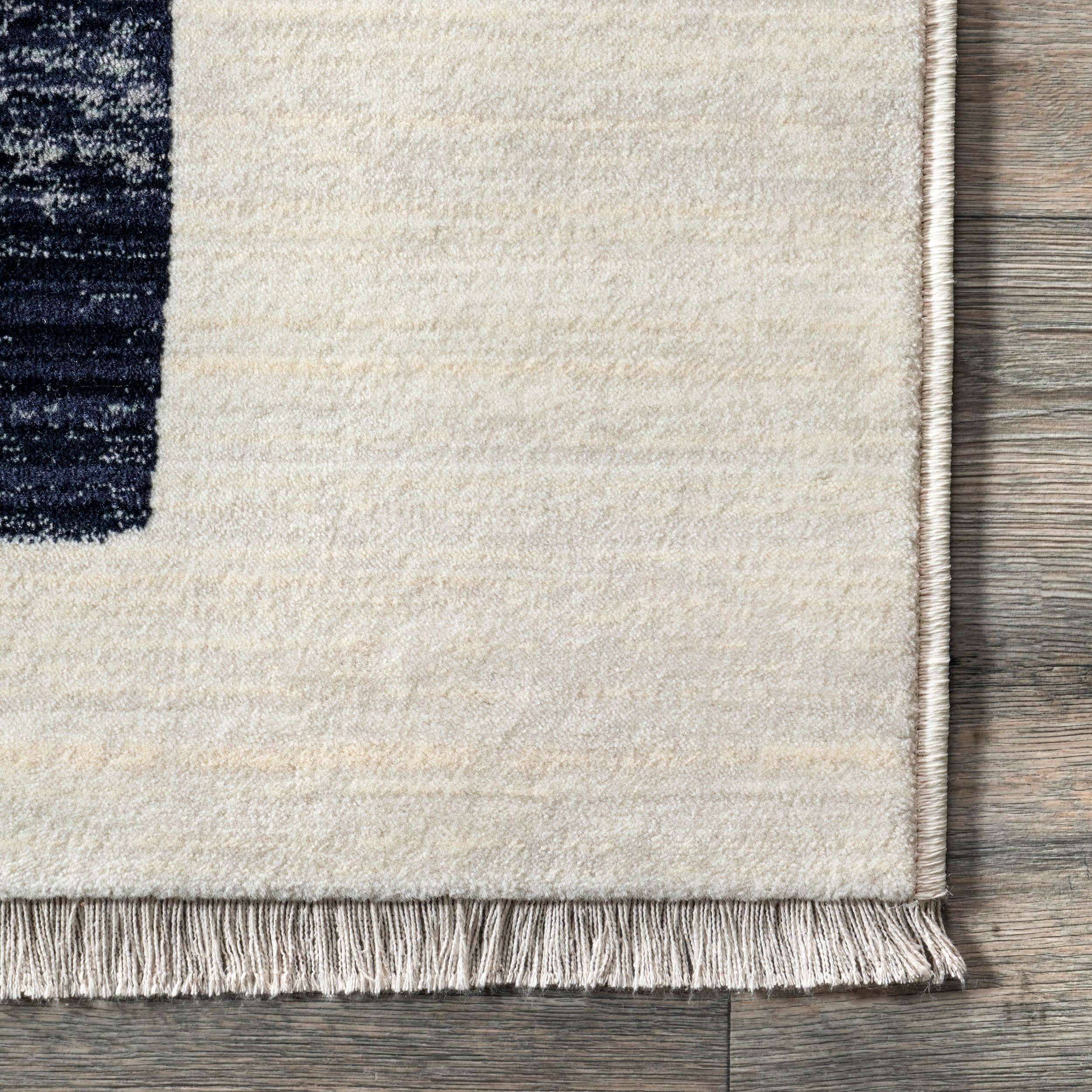 Beige Abstract Synthetic Washable Area Rug with Fringe