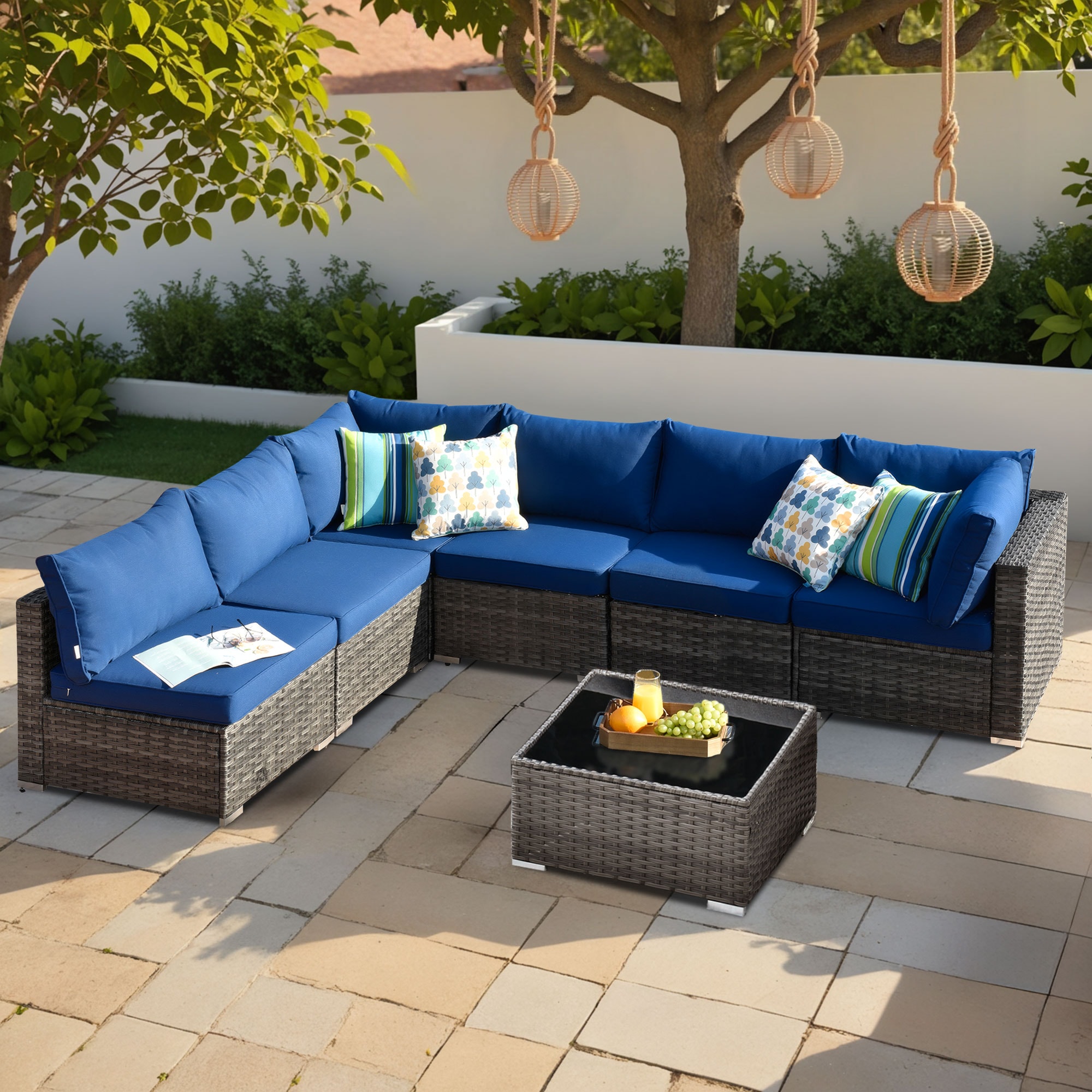Pouuin SHOP707 Wicker Outdoor Sectional with Navy Cushions and Wicker Frame