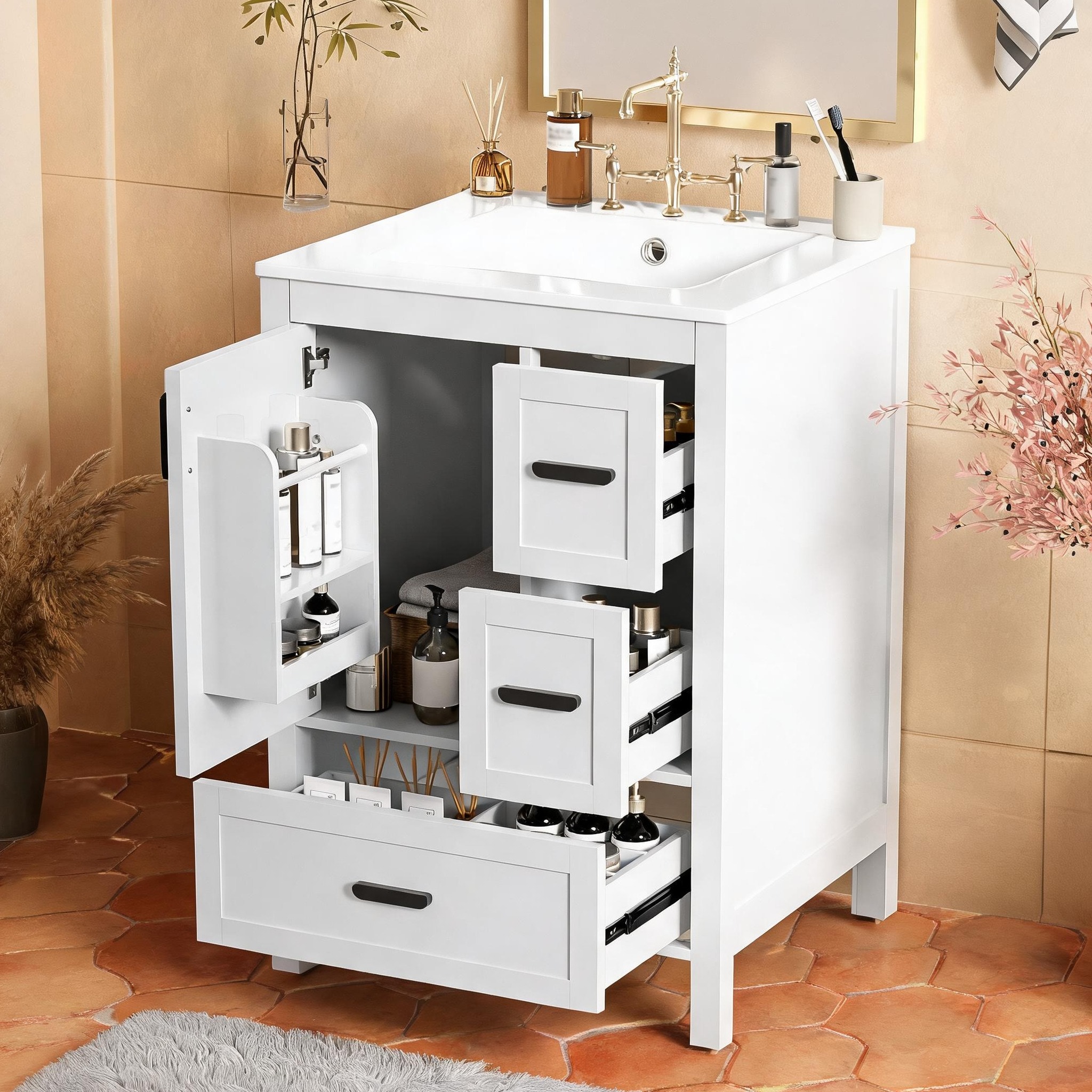 SunJet 24-Inch Bathroom Vanity in Crisp White with Ceramic Basin Soft ...