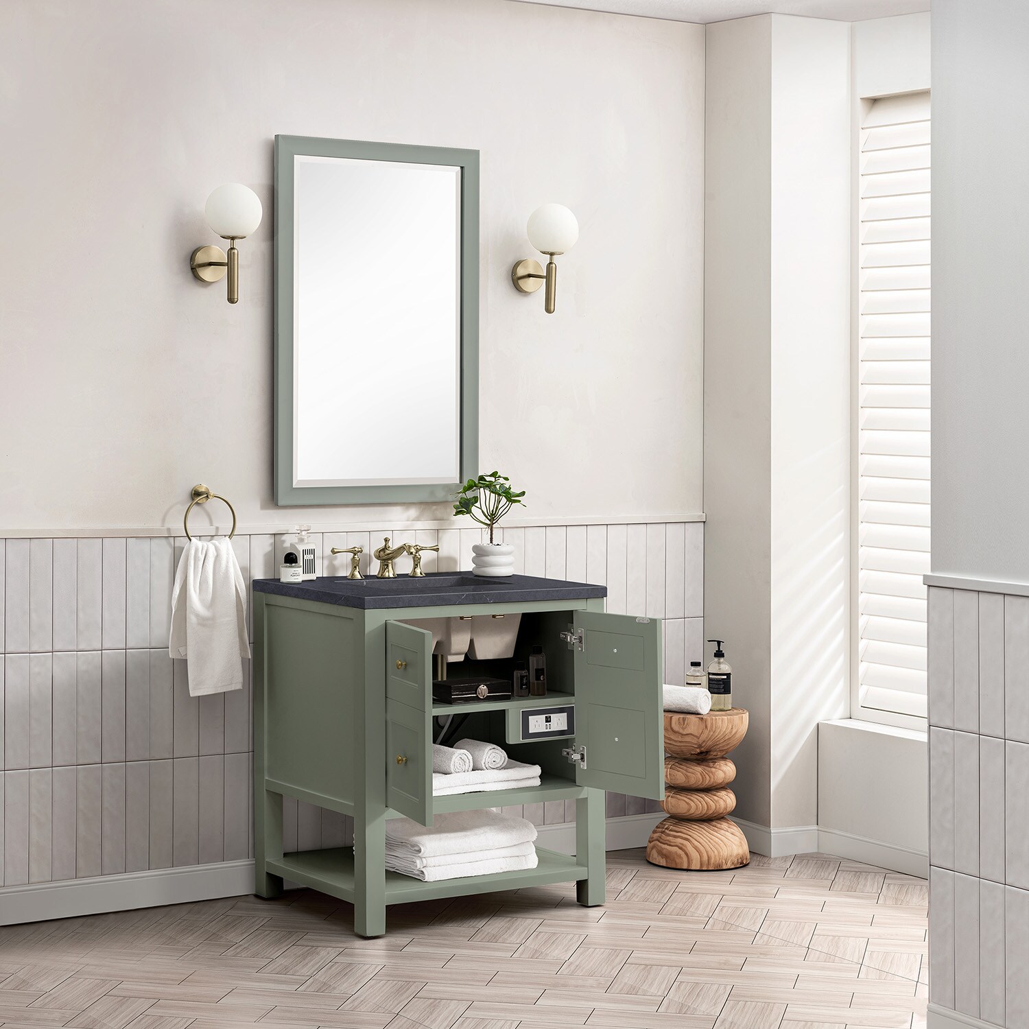 Smokey Celadon Solid Wood Single Vanity with Charcoal Soapstone Top