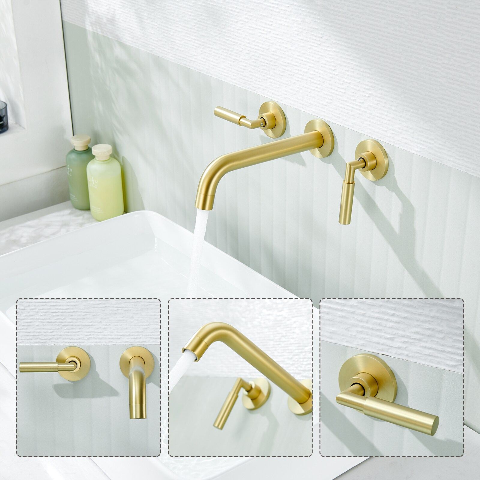 Brushed Gold Wall-Mounted Dual Handle Bathroom Faucet