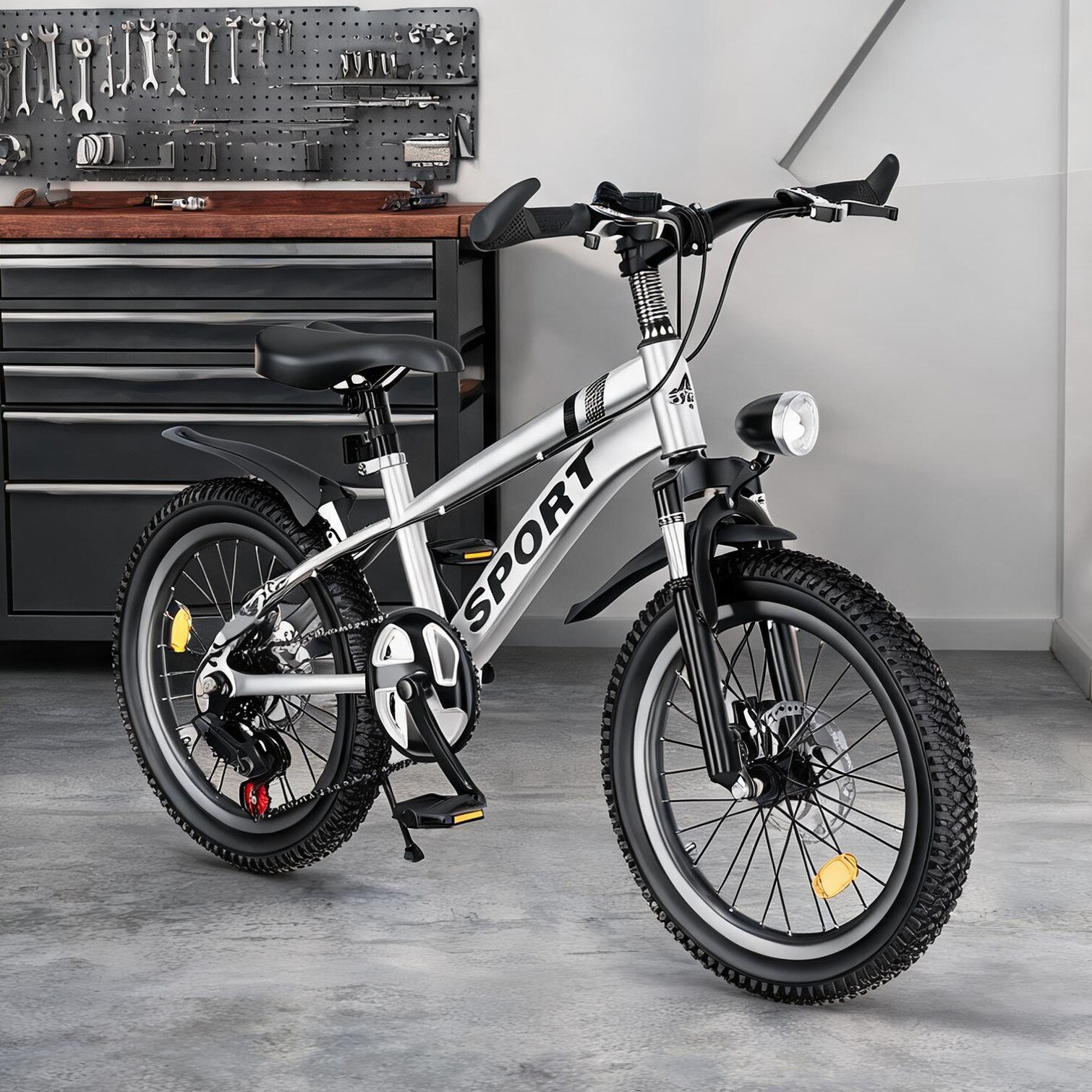 Naturefalls Steel 24-Inch Mountain Bike for Kids 7-Speed Front Suspension Silver-Tone