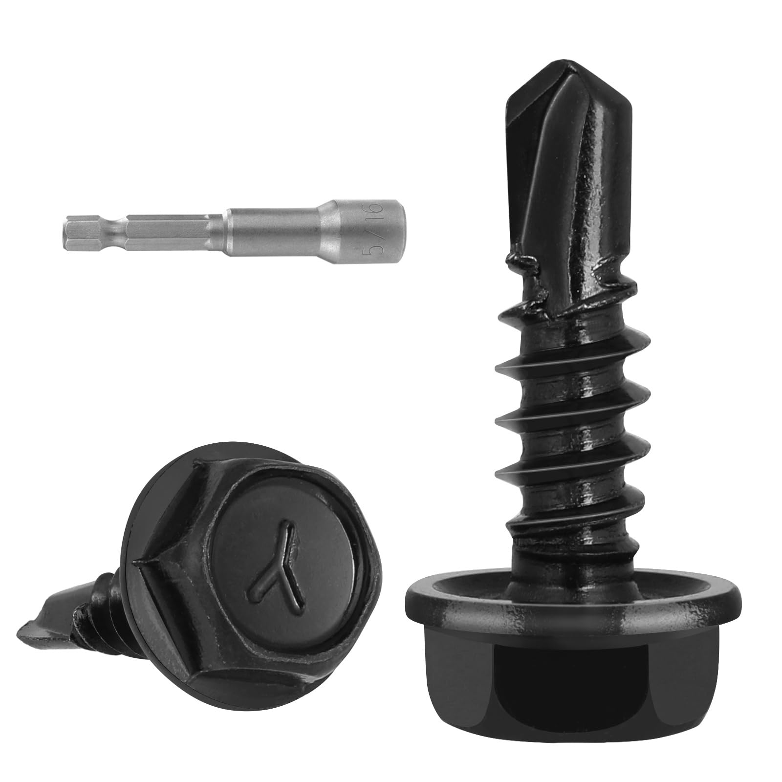 Phyfalip  130Pcs Number 10 by Three Quarter Inch Self Drilling Screws for Metal Black Zinc Plated Hex Washer Head 410 Stainless Steel