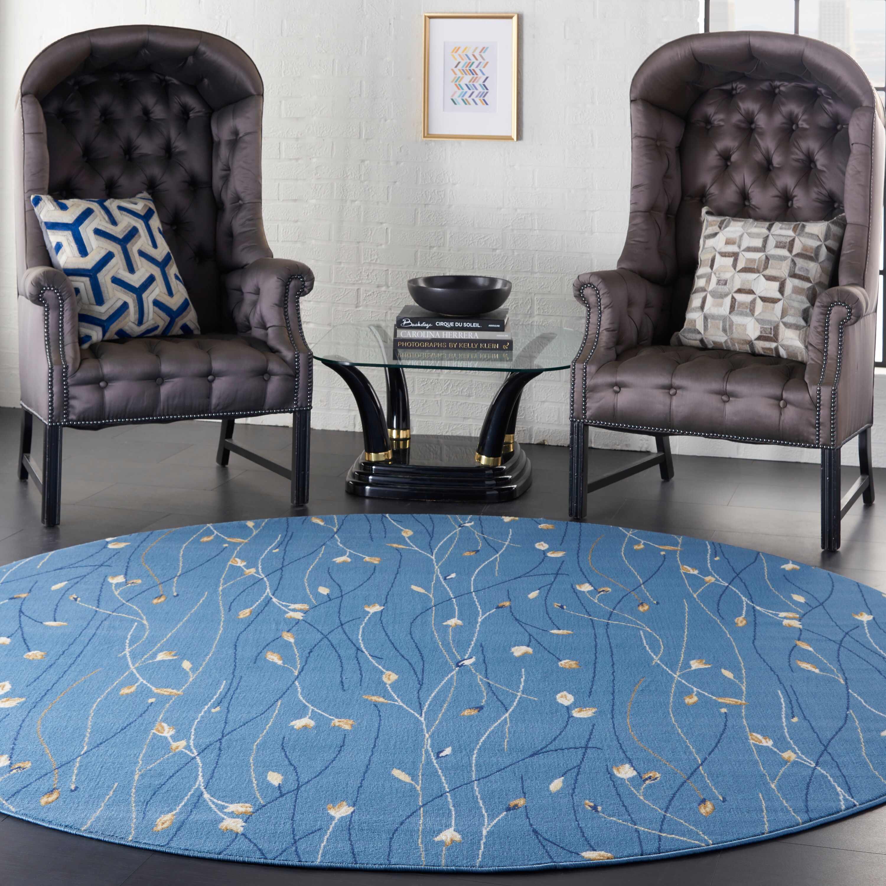 Nourison 99446729651 Grafix 8 x 8 (ft) Loomed Polypropylene Light blue Round Indoor Floral/Botanical Bohemian/Eclectic Area rug