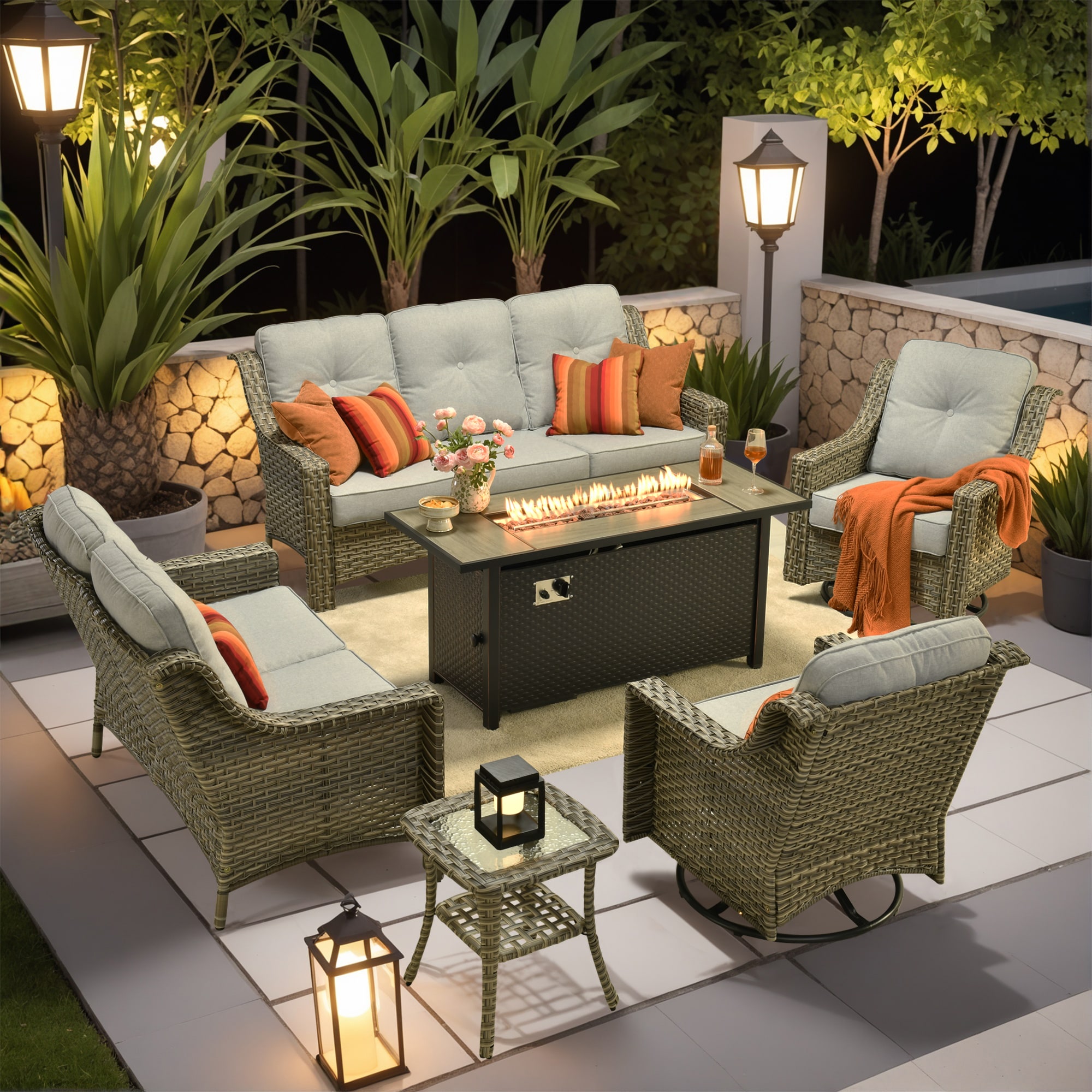 XIZZI XIPADF4055-RC3IFP54 Pyrophyllite 6 -Piece Rattan Patio Sofa Conversation Set with Light Gray Cushions