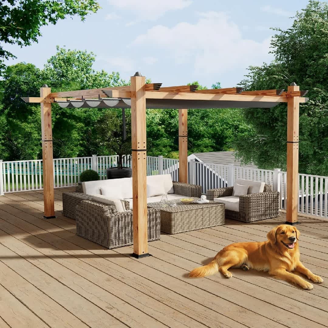 Garvee 10X10 Pergola Retractable Canopy Wood Grain Aluminum Frame Structure for Backyard Deck Porch Patio