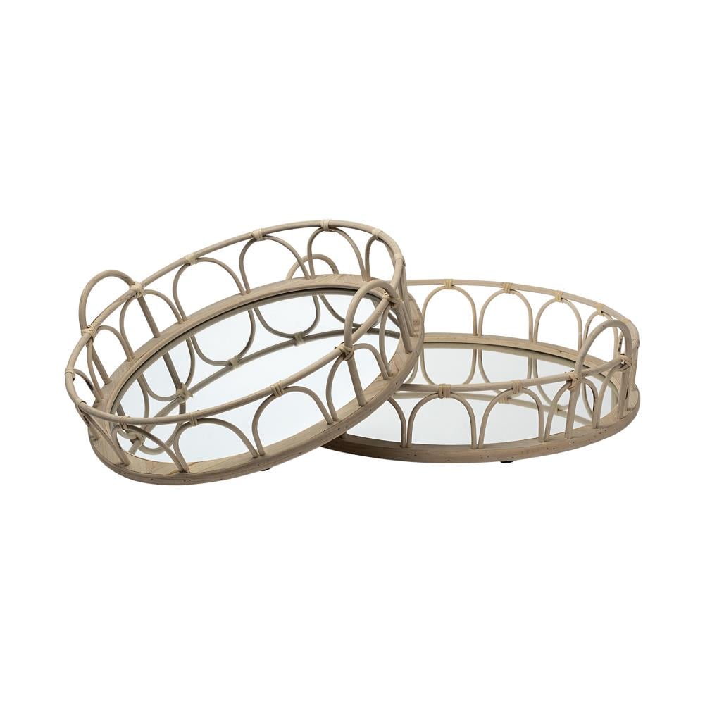 Mercana 68994 19.2913-in x 18.8976-in Natural Wicker Woven Mirrored Base Nesting Trays Round Serving tray