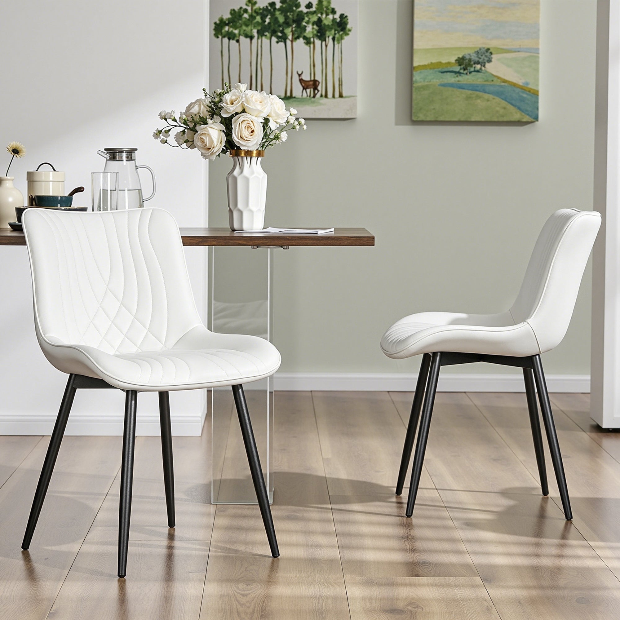 Vecelo - 2 Piece PU Leather Dining Chairs Upholstered Kitchen Chairs with Black Metal Legs Modern...