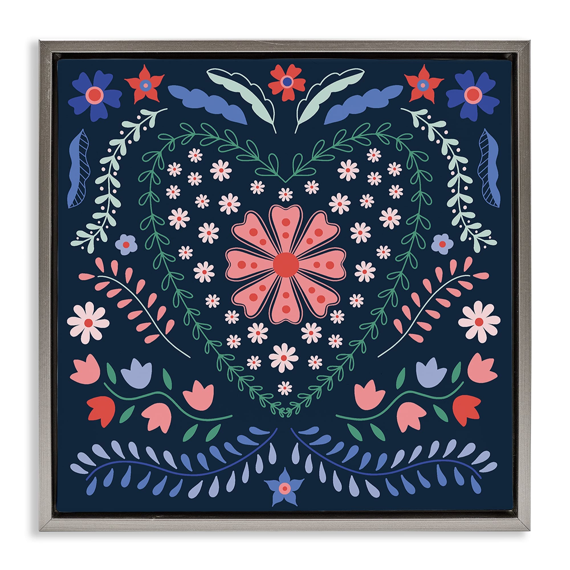 Stupell Industries BT-513-FFL-24X24 Folk Flowers in Heart Pattern Gray Framed Floater Canvas Wall Art By Sazerelli Designs 25 x 25