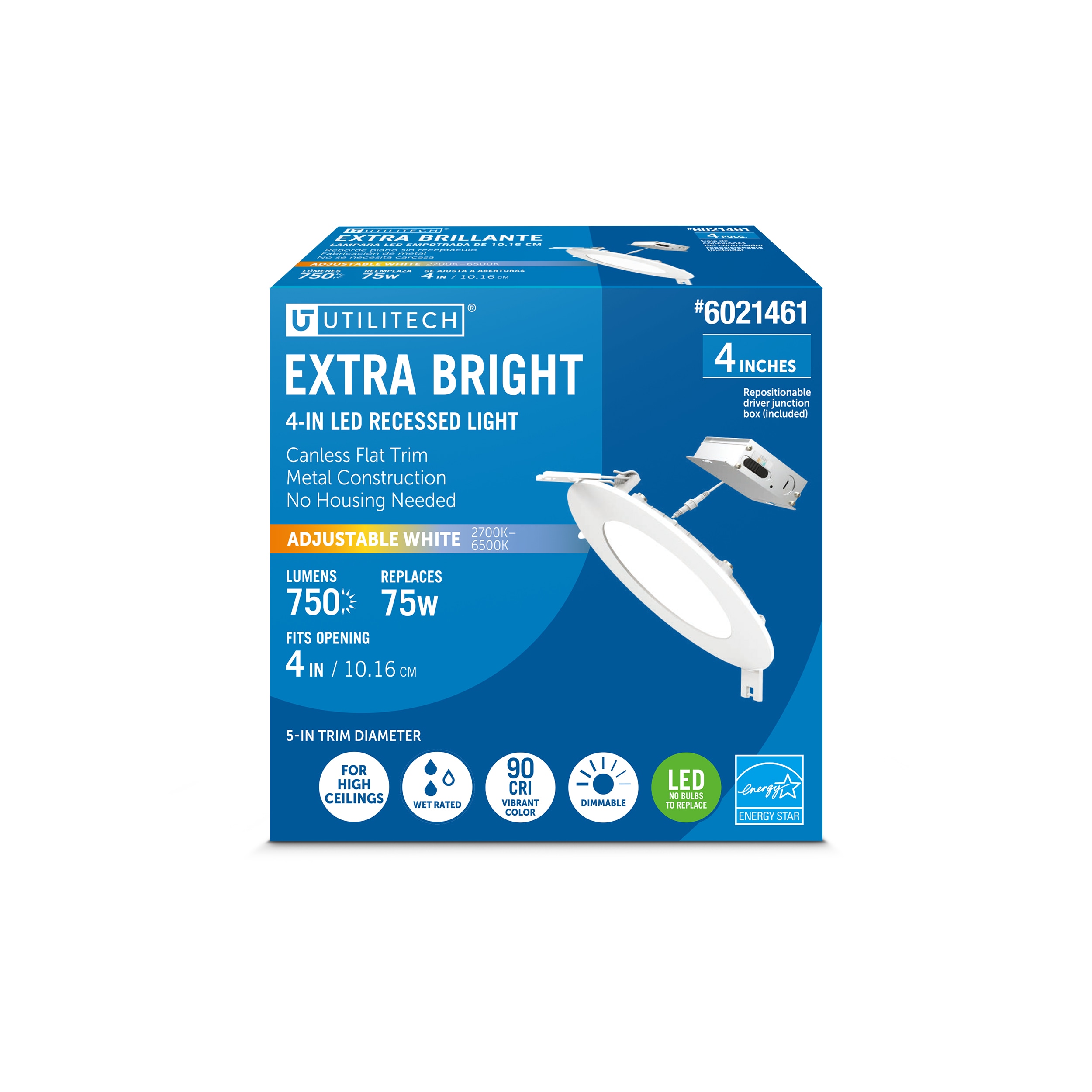 Utilitech LLEDR4XT/HO/5CCTCA White 4-in 750 -Lumens Switchable white Round Dimmable LED Canless Wet rated Recessed Downlight