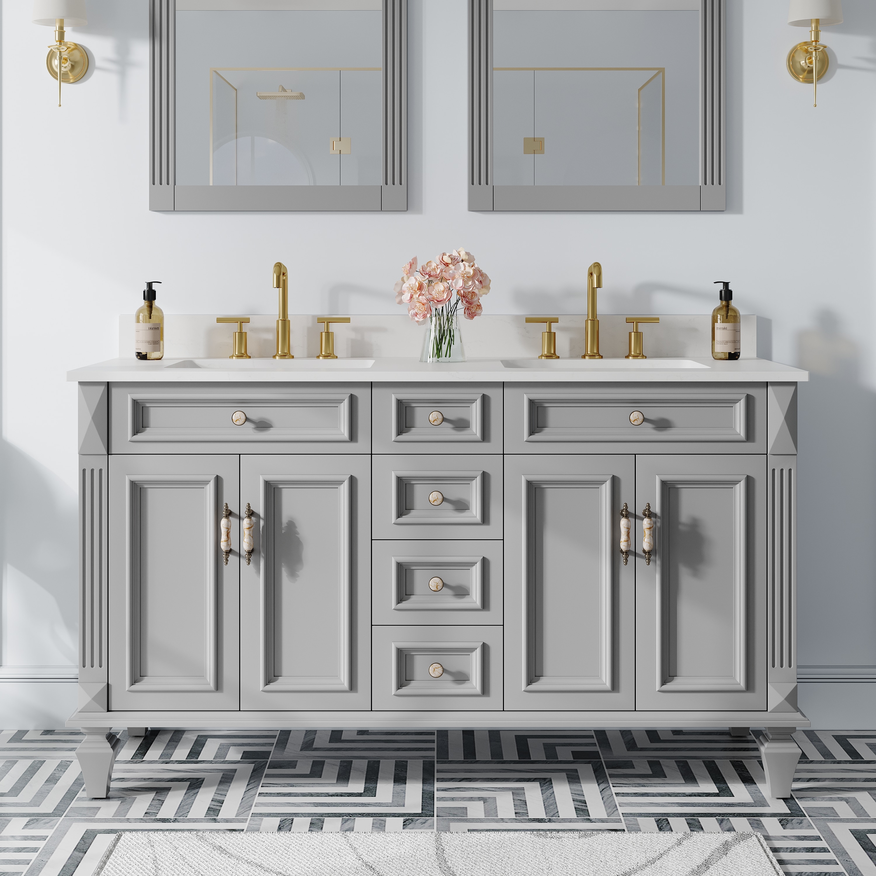 ANGELES HOME  60-in Solid Wood Titanium Grey Bathroom Vanity Undermount Double Sinks with Carrara White Quartz Countertop(Fully Assembled)